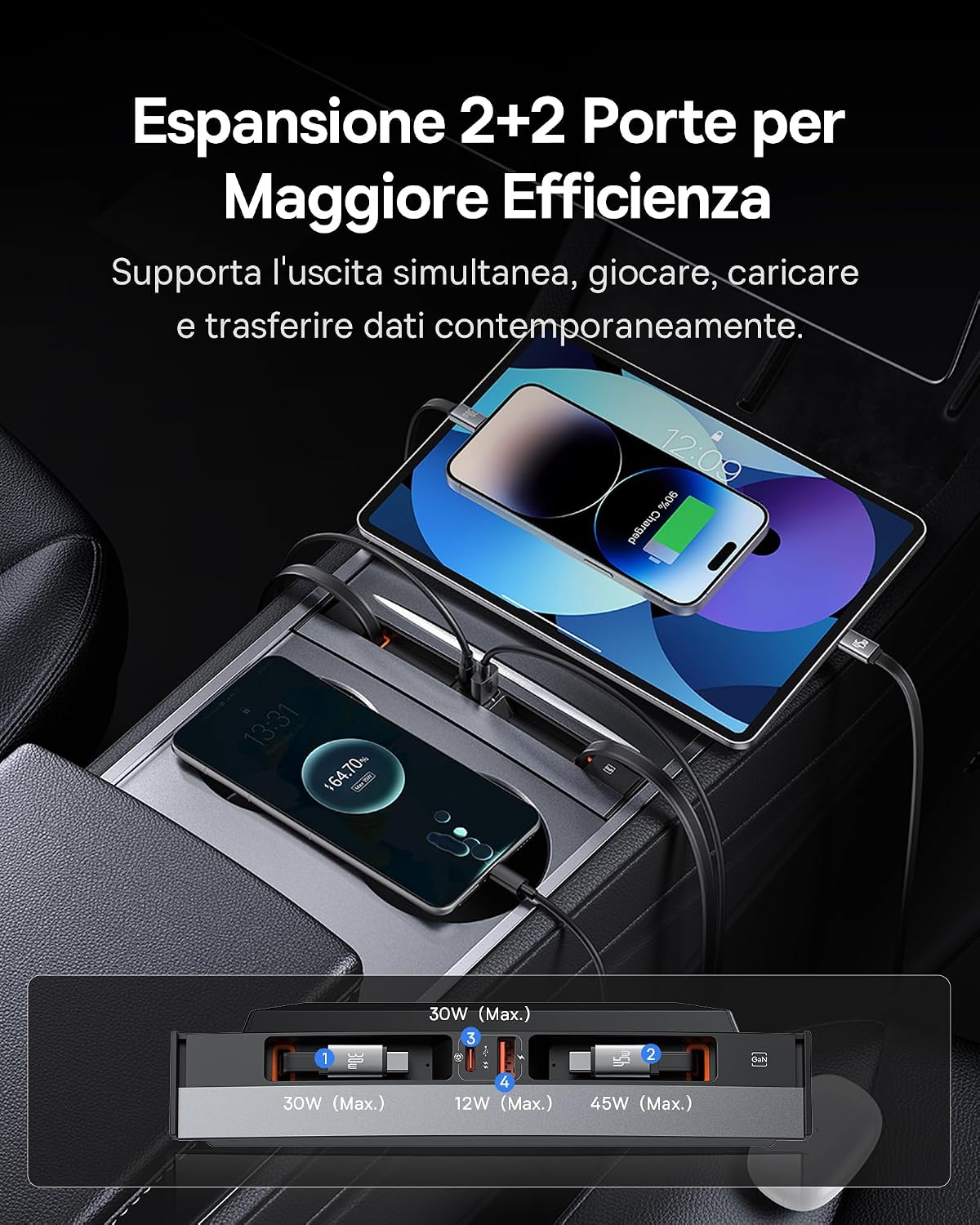 Thumbnail 4 de Baseus Hub USB 45W per Tesla Model 3/Y (2021-2023) 4-in-1: ricarica rapida, hub removibile e cavi retrattili
