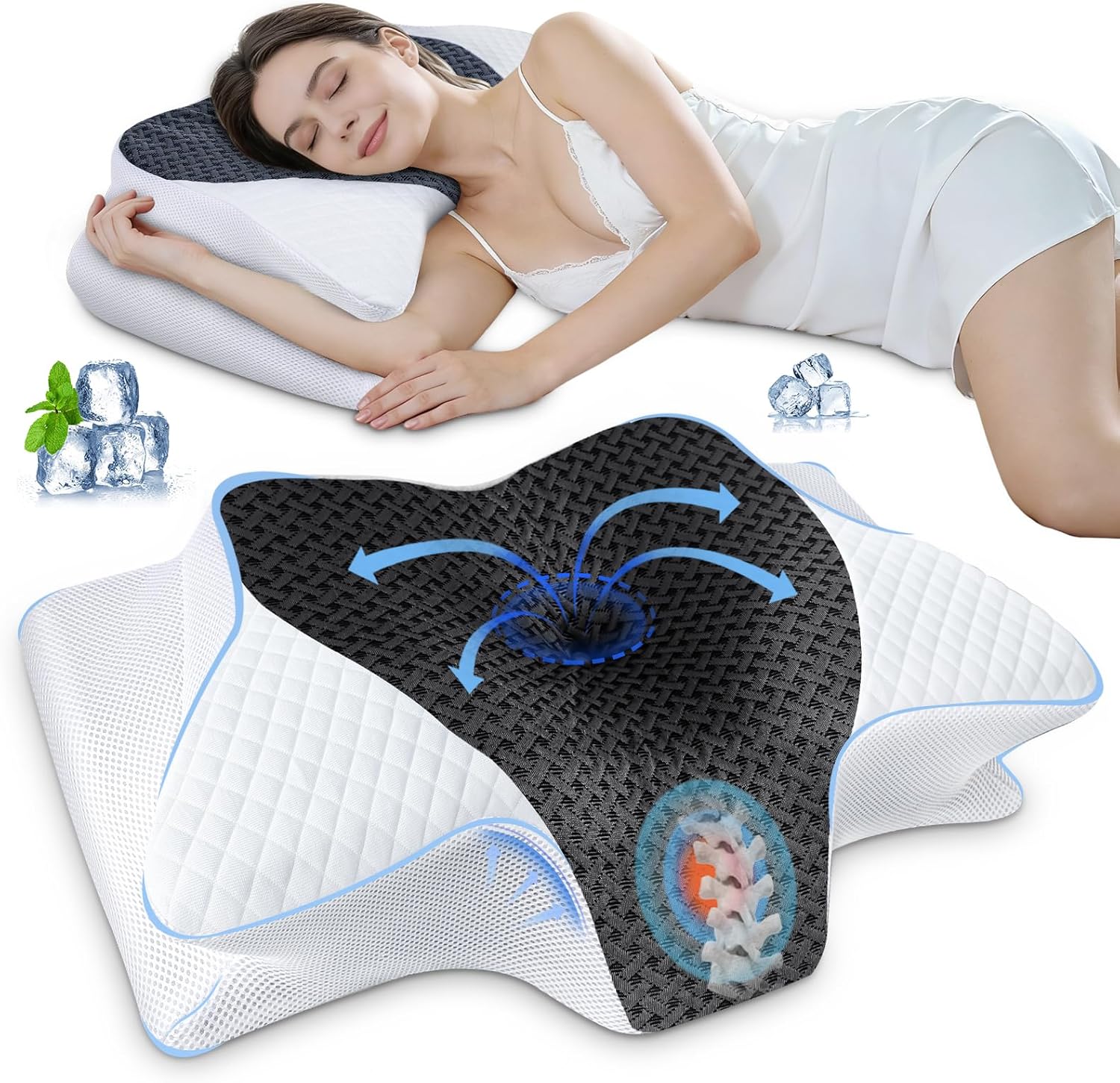 SAHEYER Cuscino Cervicale 2 in 1 in memory foam, altezze regolabili 60 x 35,5