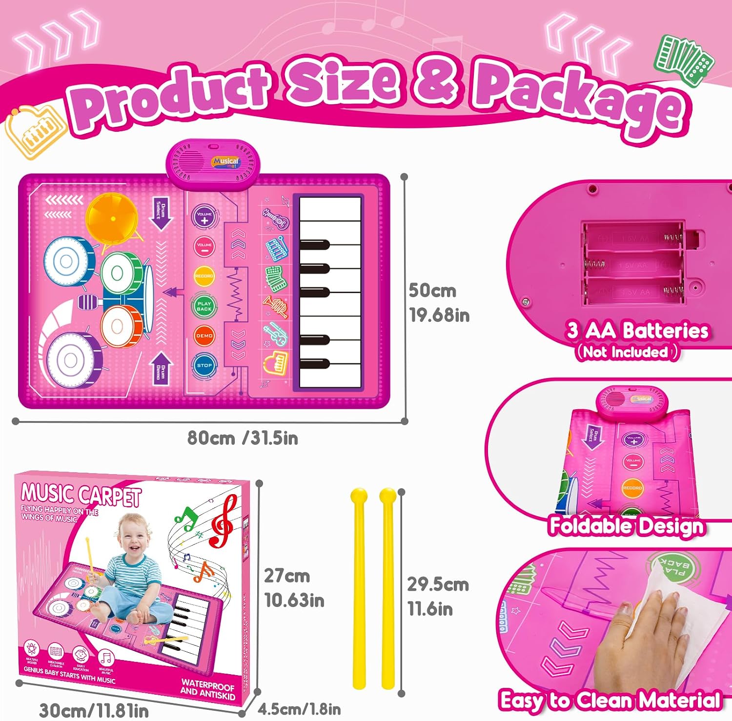 Detalle 2 de Gralal 2-in-1 Pink Musical Mat for 1–2 Year Old Girls: Piano, Drums and Recording in One Playful Mat