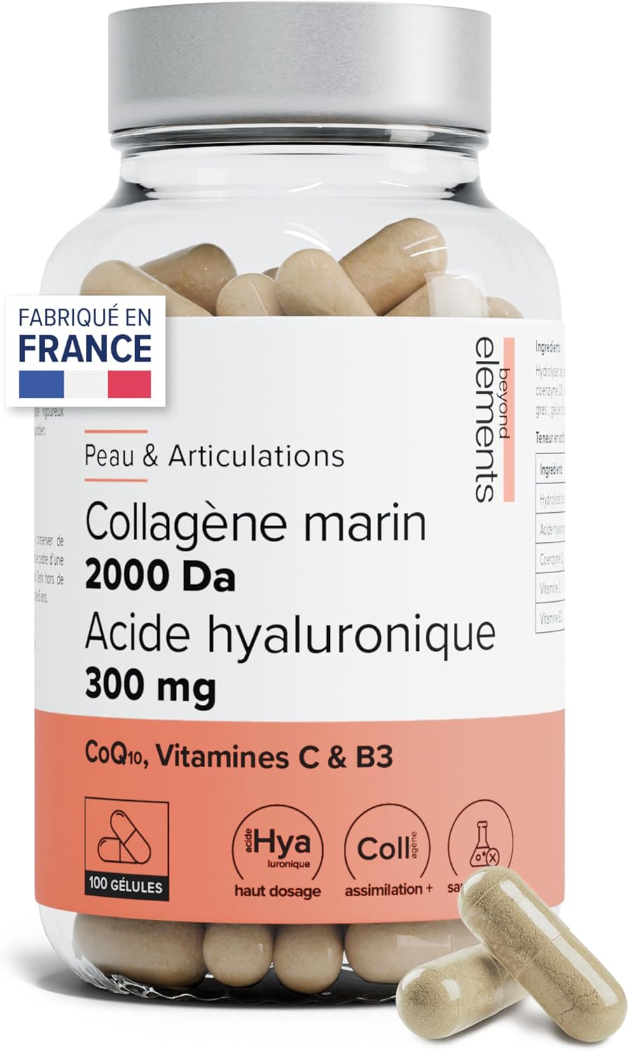 Detalle de Collagène marin 2000Da + Acide hyaluronique 300 mg – Beyond Elements, 100 gélules
