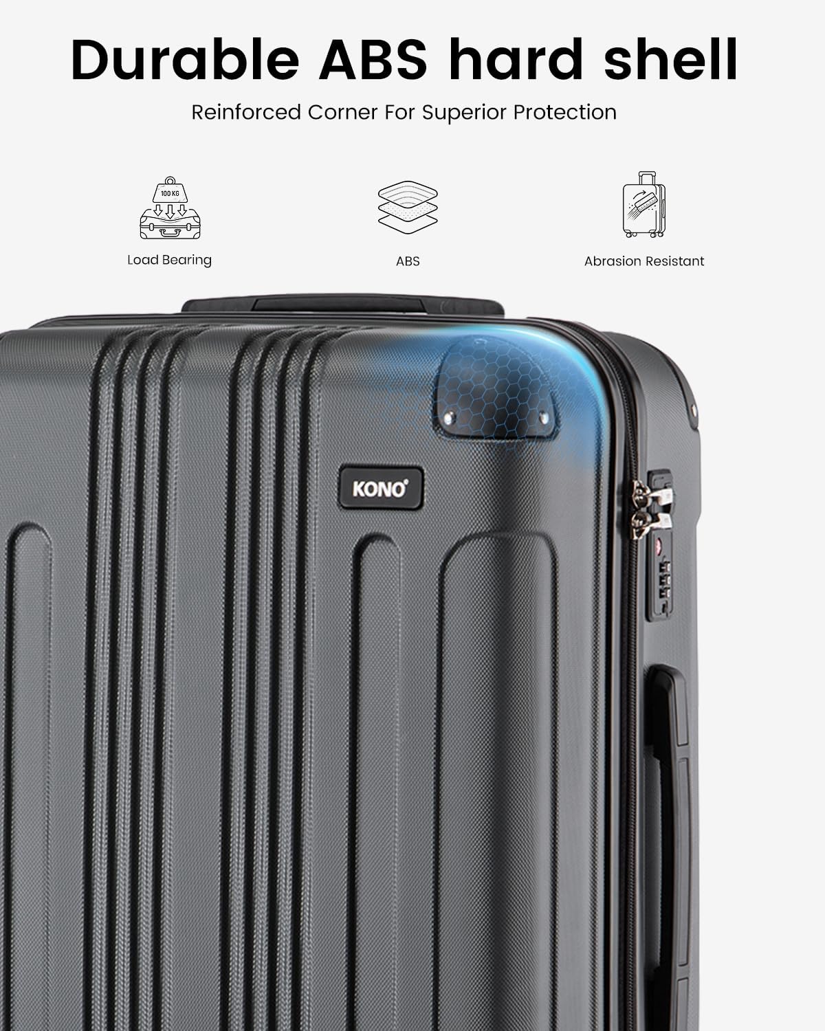 Detalle de Kono 28 Inch Large Hard Shell Luggage | ABS+PC, 105 L, 360° Spinner wheels