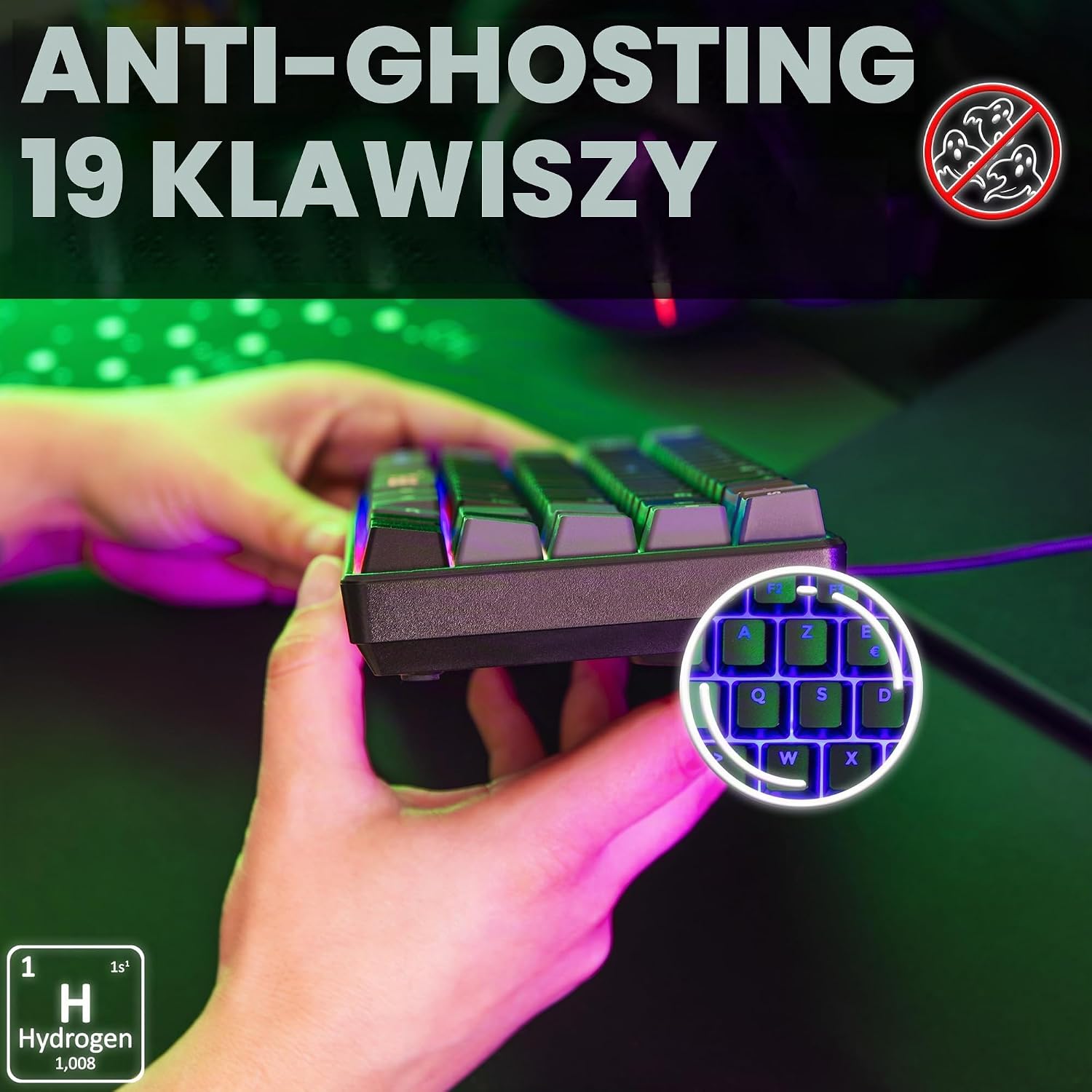 Detalle 2 de THE G-LAB Keyz Hydrogen – klawiatura gamingowa 60% półmechaniczna, AZERTY, RGB