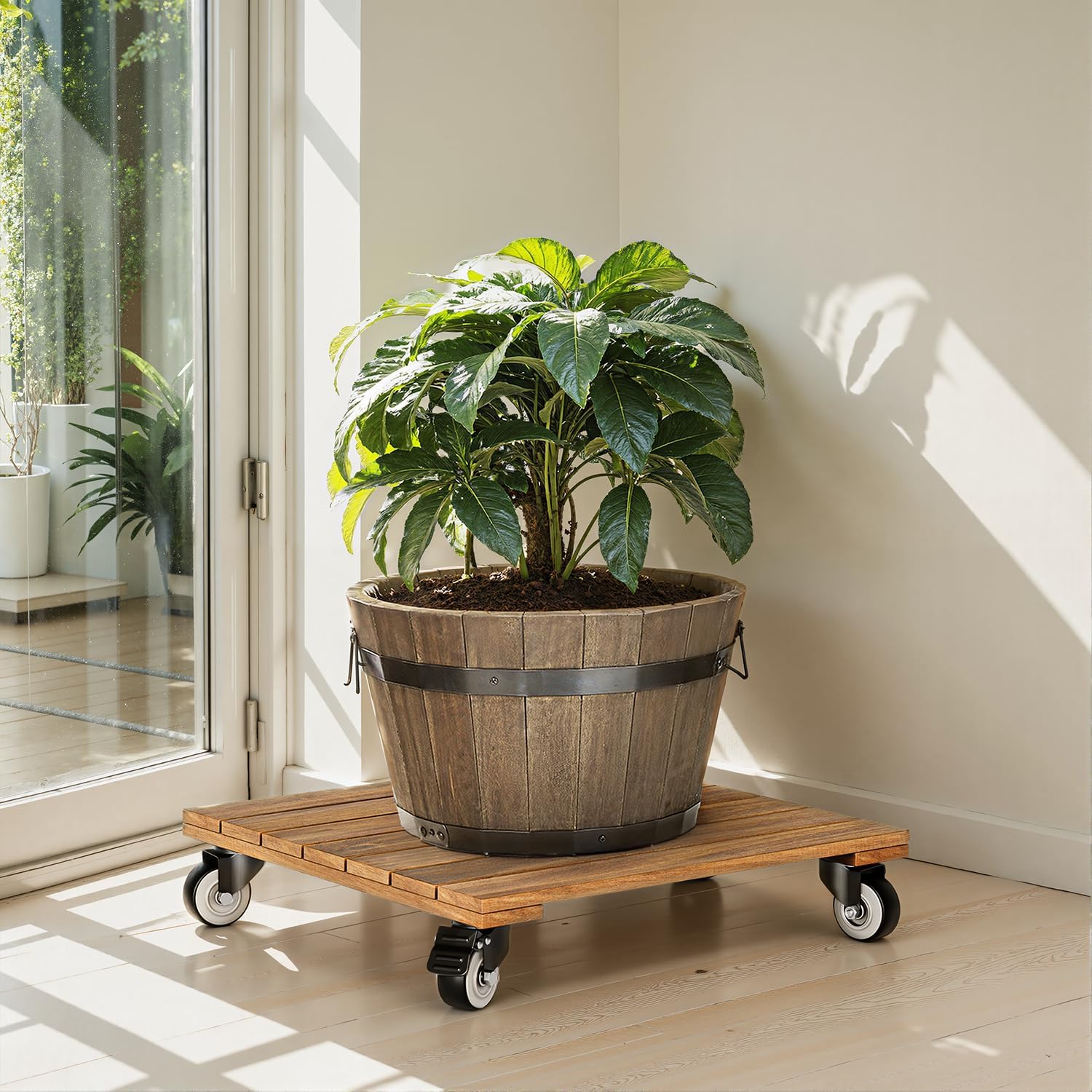 Thumbnail 6 de IDZO 14-Inch Acacia Wood Plant Caddy, 2-Pack with Lockable 360° Wheels