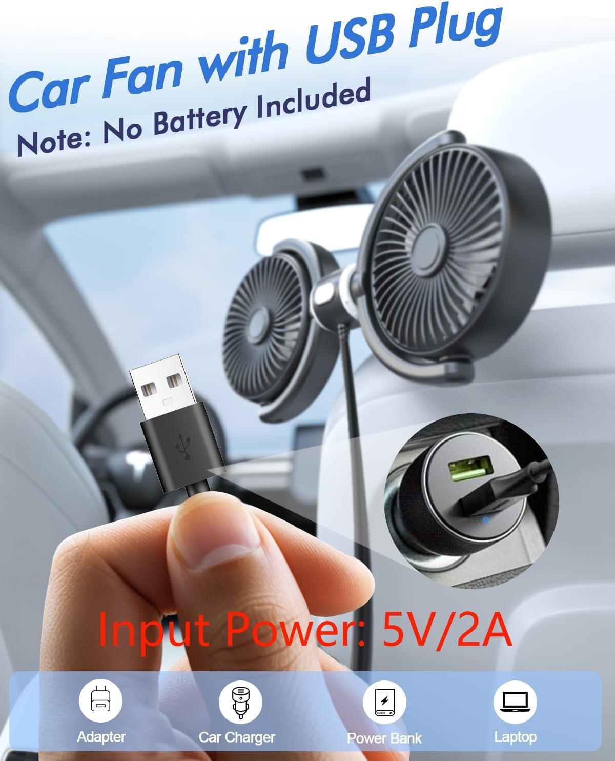 Thumbnail 1 de Car Fan USB Powered for Baby: Dual Backseat Cooling with 3-Speed, 360° Rotating USB Plug