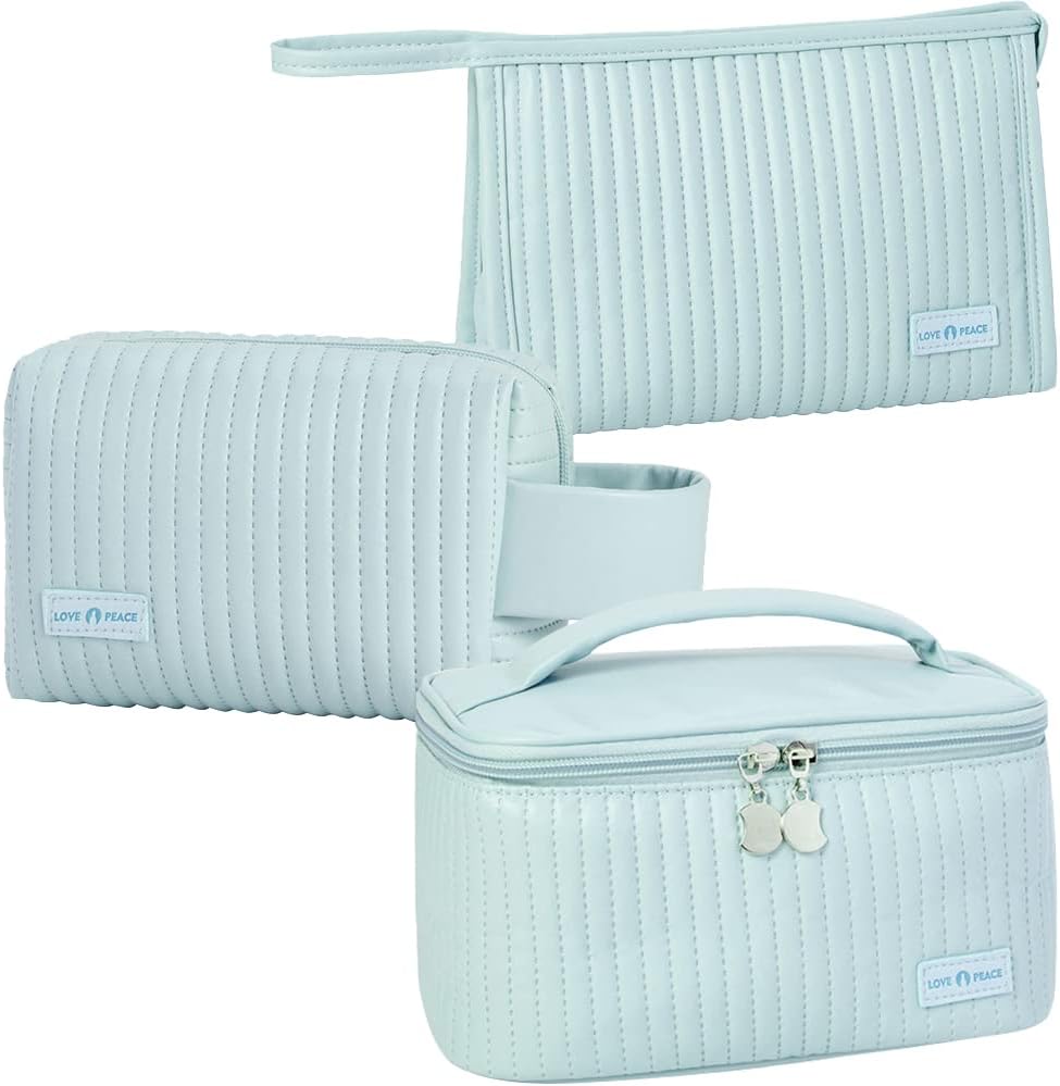 Thumbnail 6 de Linpr Makeup Bag 3 Pcs Set: PU Striped Leather Toiletry Bags for Travel (Light Green)