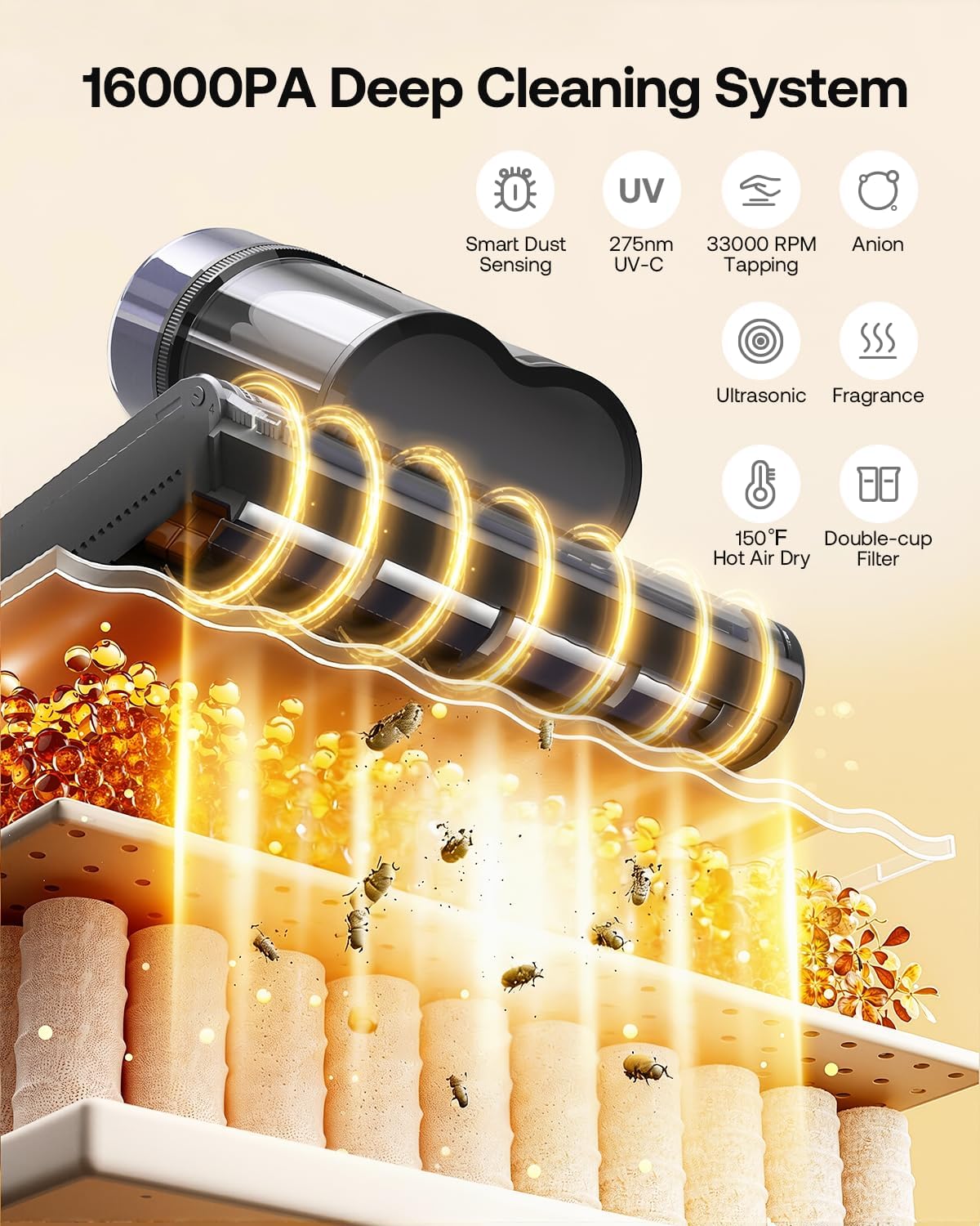 Detalle de Mattress Vacuum Cleaner with 275nm UV-C Light & 149℉ Heat — 16Kpa Suction for Pet Hair, Smart Dust Sensor, and Aromatherapy