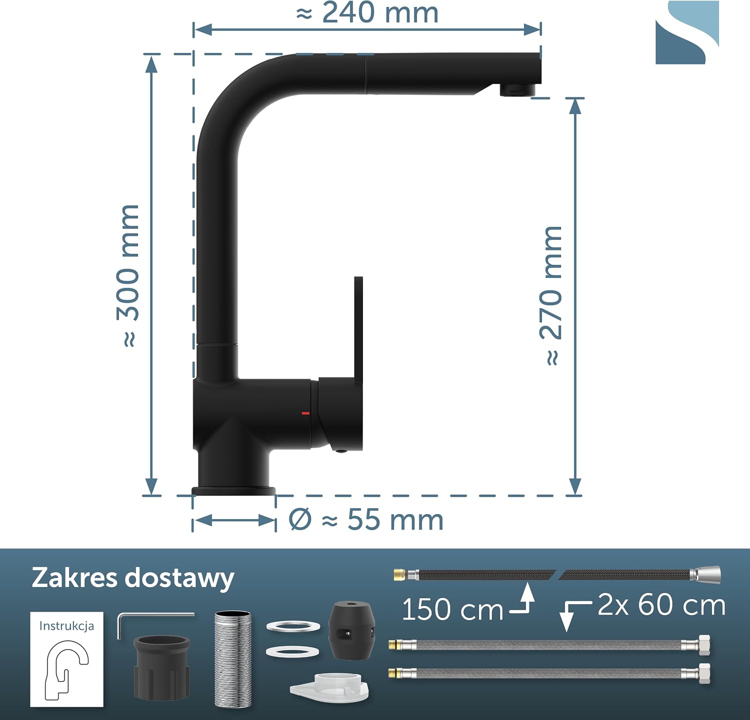 Detalle de SCHÜTTE 79760 London – czarna bateria kuchenna z wyciąganą słuchawką