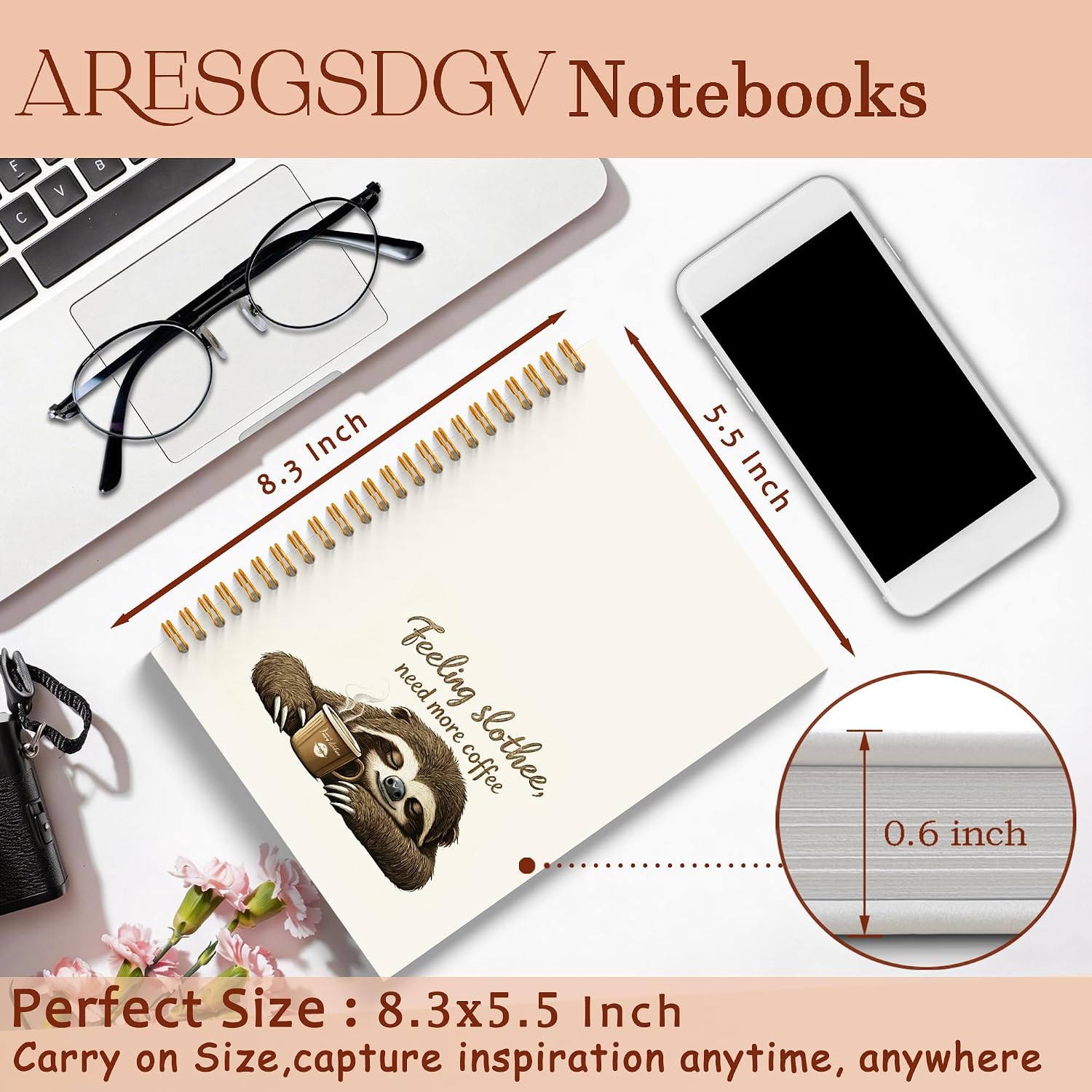 Detalle 2 de ARESGSDGV Sloth Notebook, 160 Pages, Hardcover, 5.5 x 8.3 in