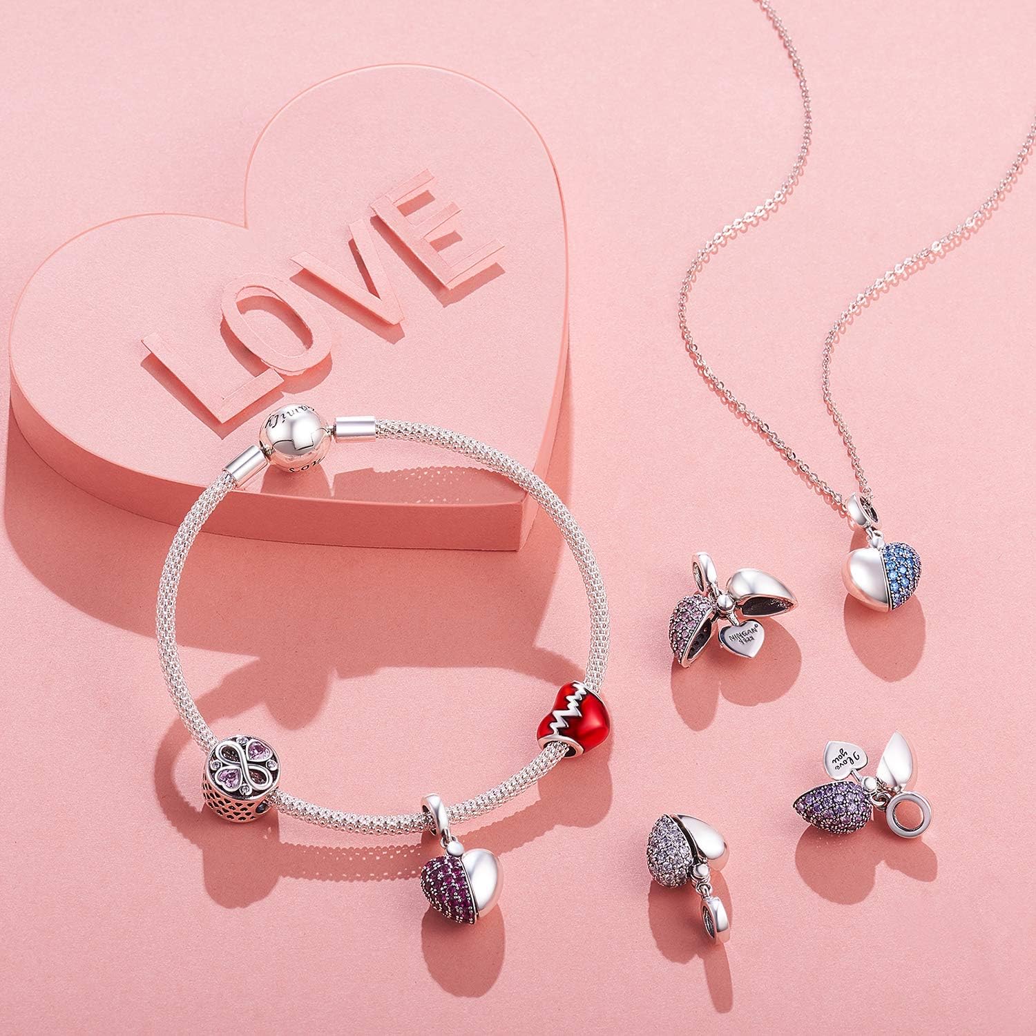 Thumbnail 4 de NINGAN Herz Charm-Anhänger I Love You (Ich liebe dich) – 925er Sterling Silber, enge Swarovski-Details