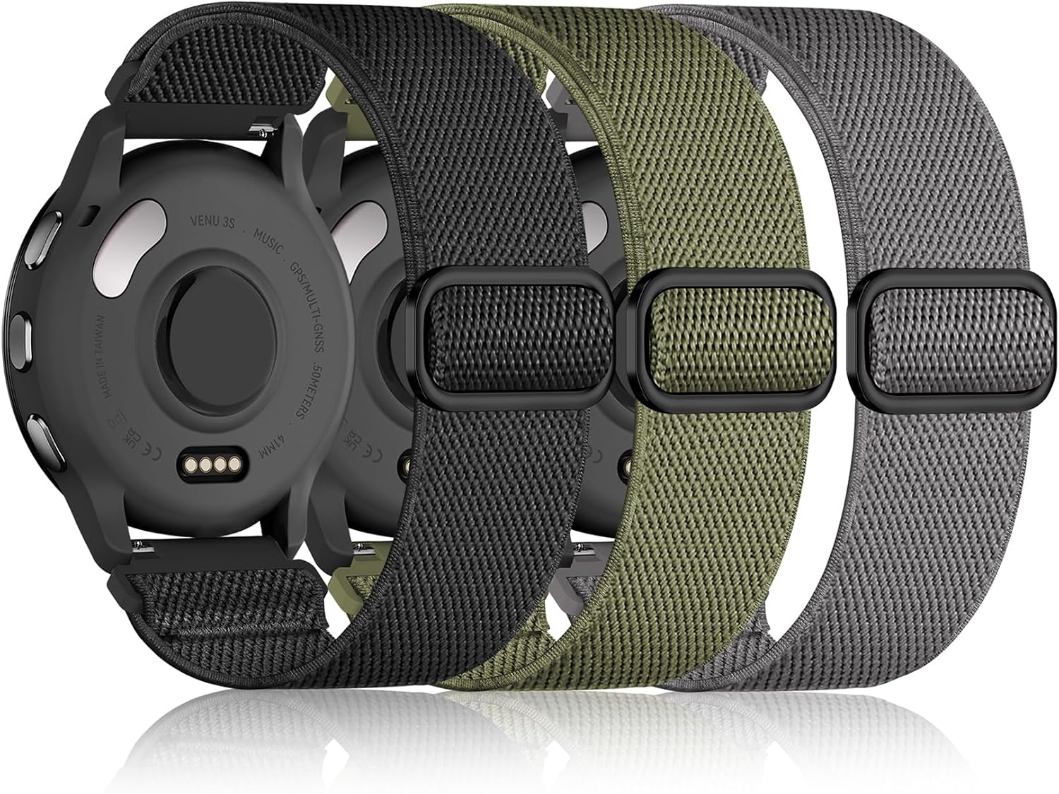 Detalle de Wizvv 3-Pack Elastic Nylon Wristbands for Garmin Venu 2S/3S, Venu 4, Vivoactive 4S, VivoMove 3S, Forerunner 255S/265S (18 mm) – 120–220 mm Wrist Size