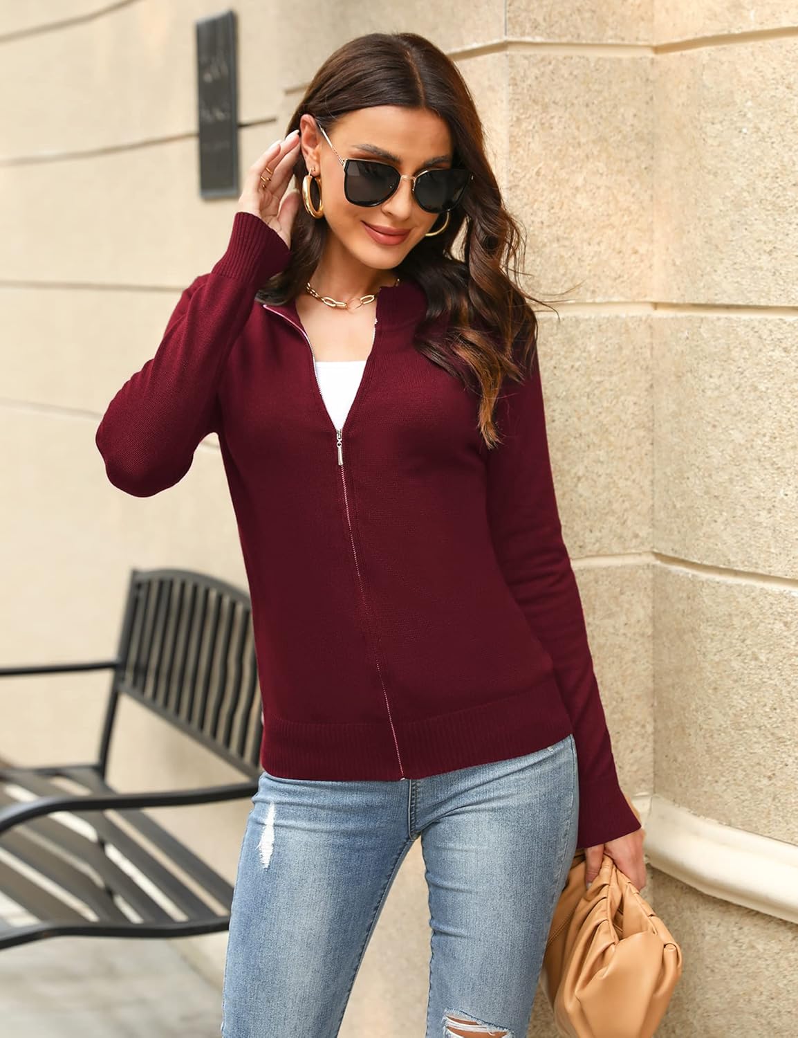 Thumbnail 2 de Aottori Strickjacke Damen kurz mit Reißverschluss – Cardigan mit Stehkragen für Alltag & Office