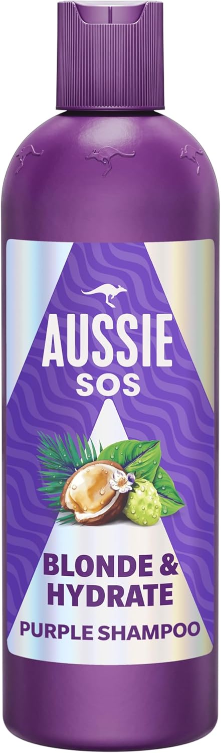 Detalle de Aussie SOS Blonde & Hydrate Shampooing Violet 500 ml – Pour Cheveux Décolorés, Mèches et Gris