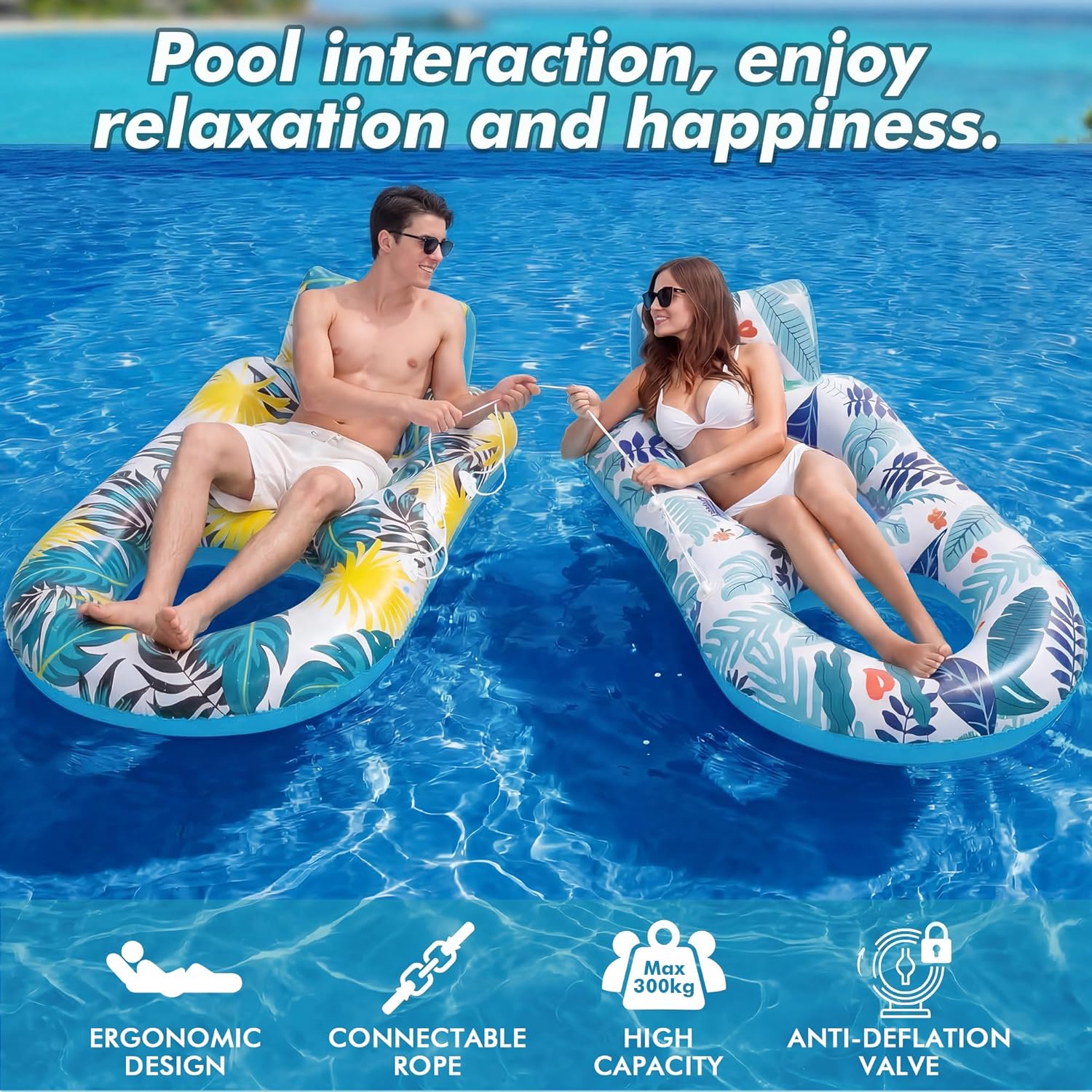 Thumbnail 2 de 2-Pack Adult Pool Float Loungers with Cup Holders, Backrest & Footrest (Pink/Blue)
