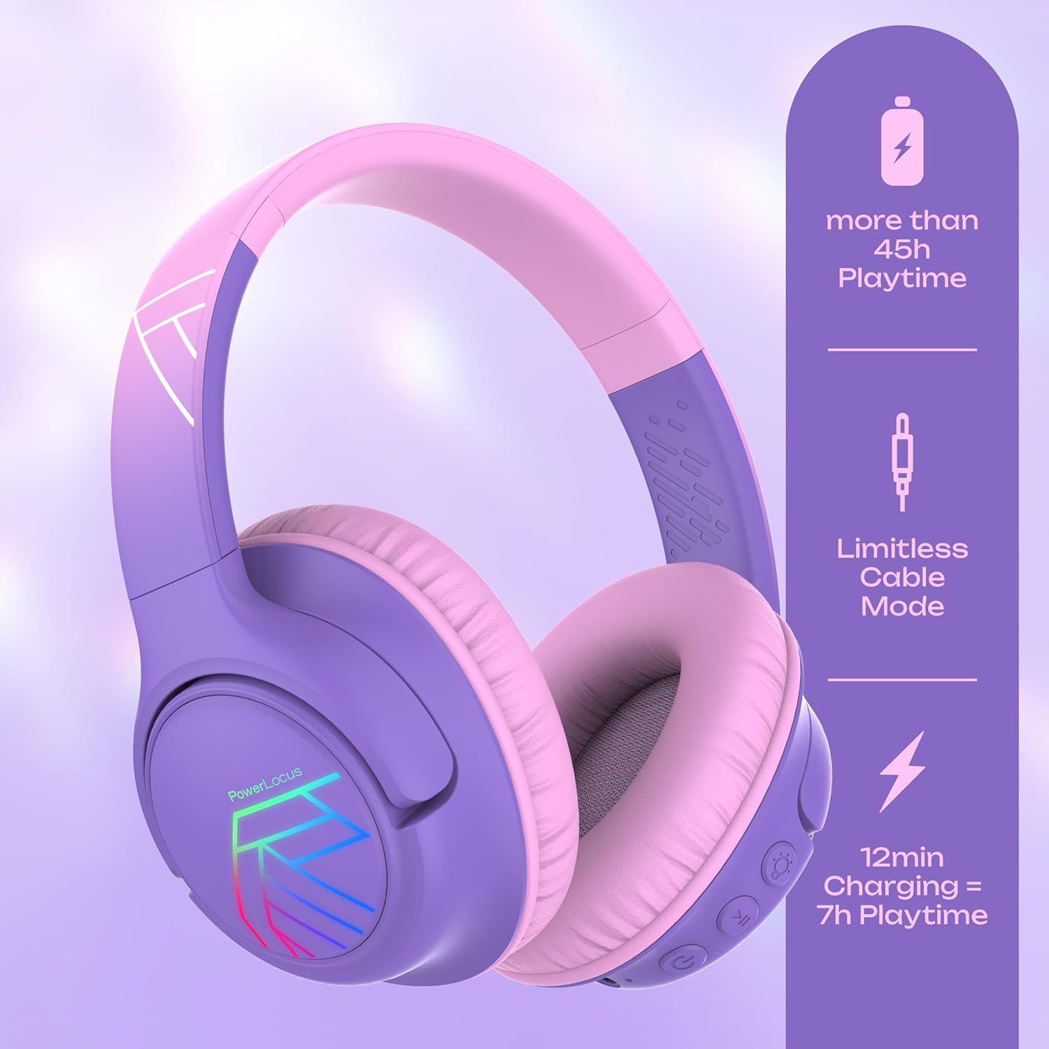 Thumbnail 1 de PowerLocus Casque Audio Enfant — Bluetooth 5.3, 74/85/94dB, LED, Partage et 45 h d’autonomie