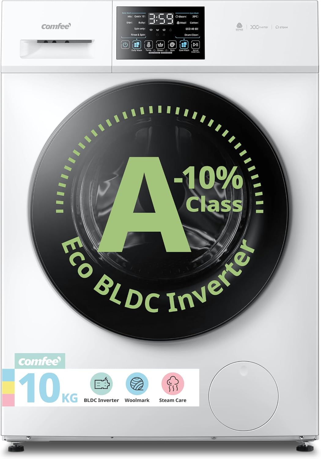 Detalle de COMFEE' 10kg Washing Machine A-10% Energy Class 1400rpm BLDC Motor White