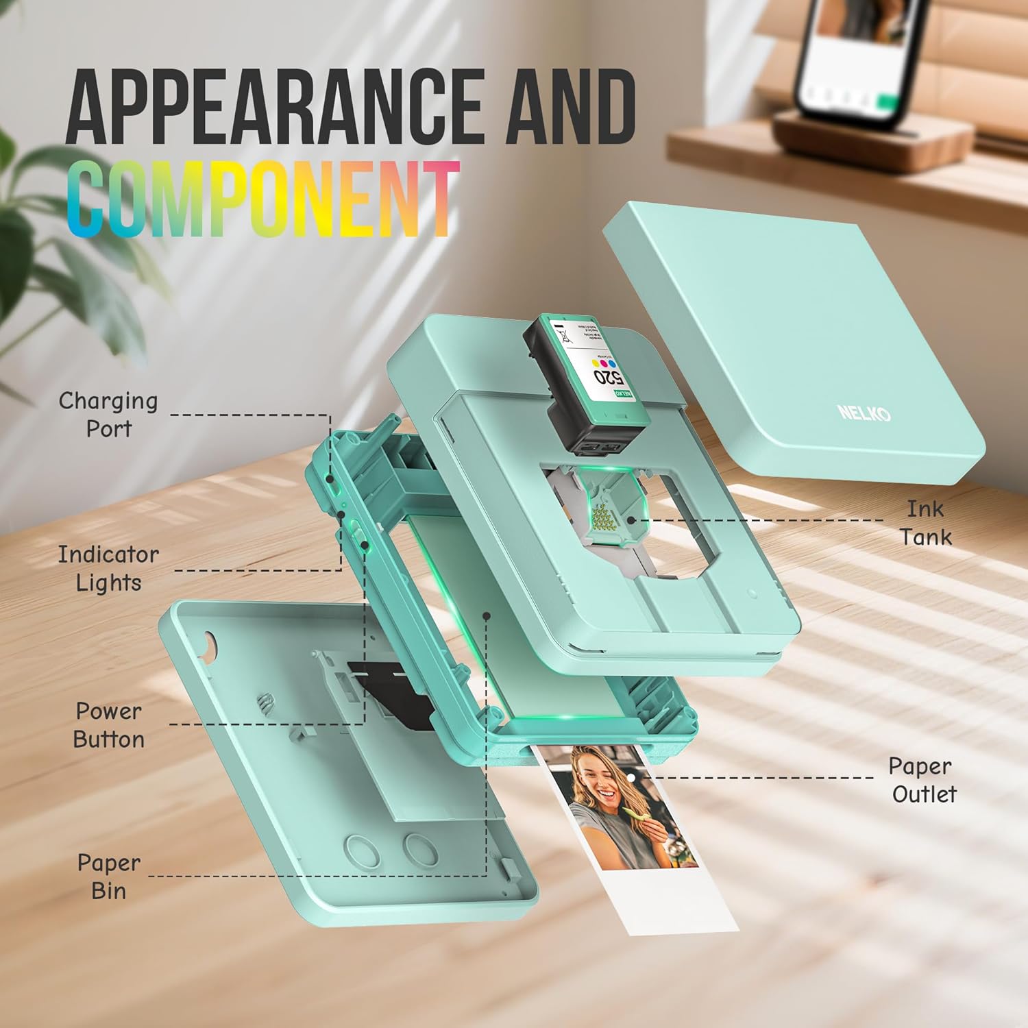 Detalle de Nelko Fotodrucker PP01 – Tragbarer Mini-Fotodrucker für Smartphone (Grün)