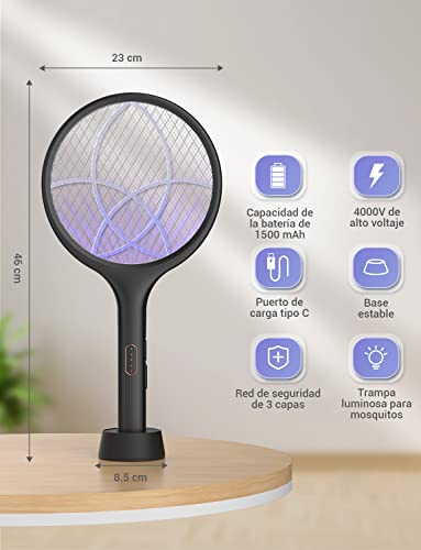 Detalle 2 de YISSVIC Raqueta Matamoscas Eléctrica 2 en 1 4000V USB Recargable 1500mAh – Negro