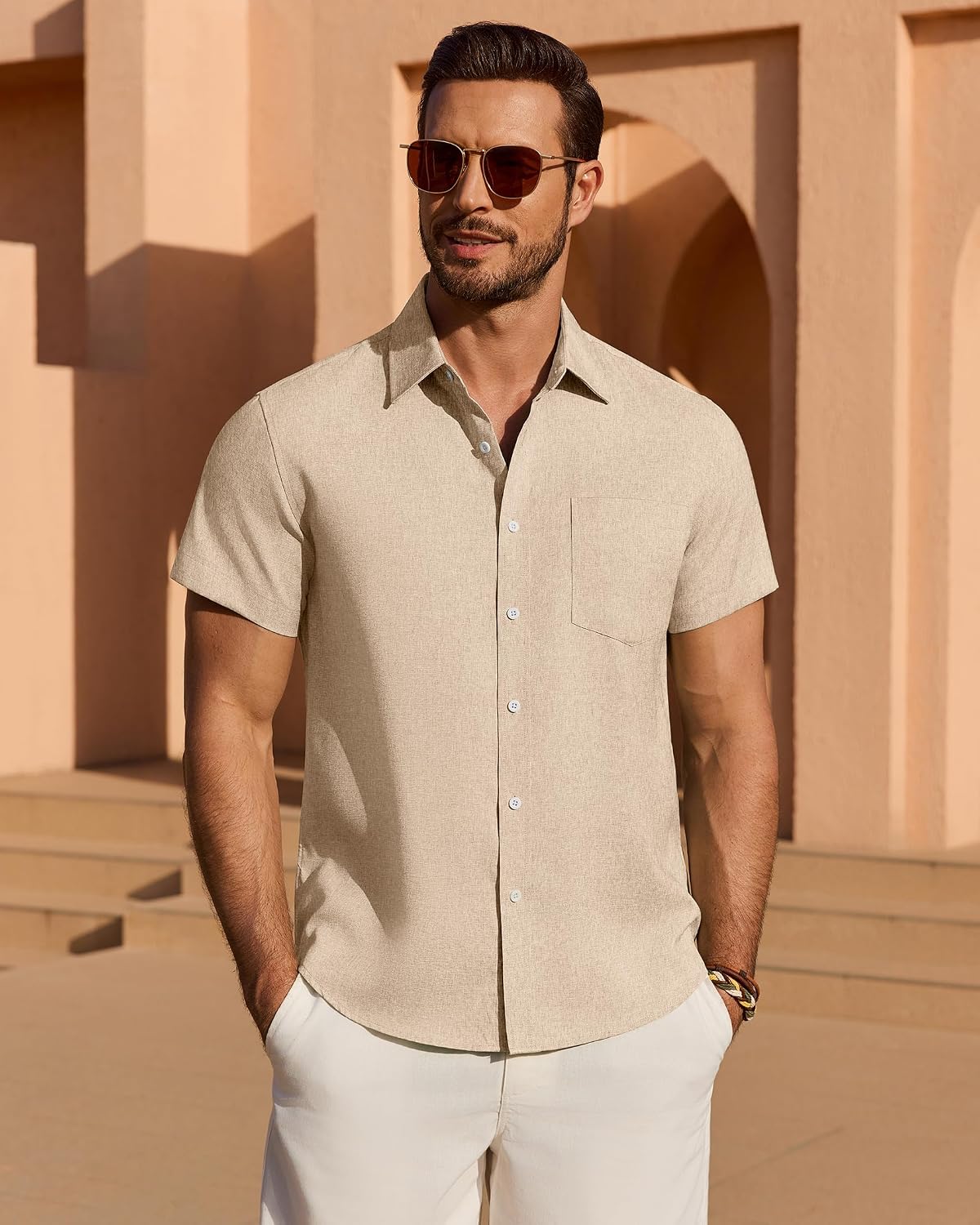 Detalle de ROUWELL Men's Linen-Blend Short-Sleeve Button-Down Shirt, Relaxed Fit