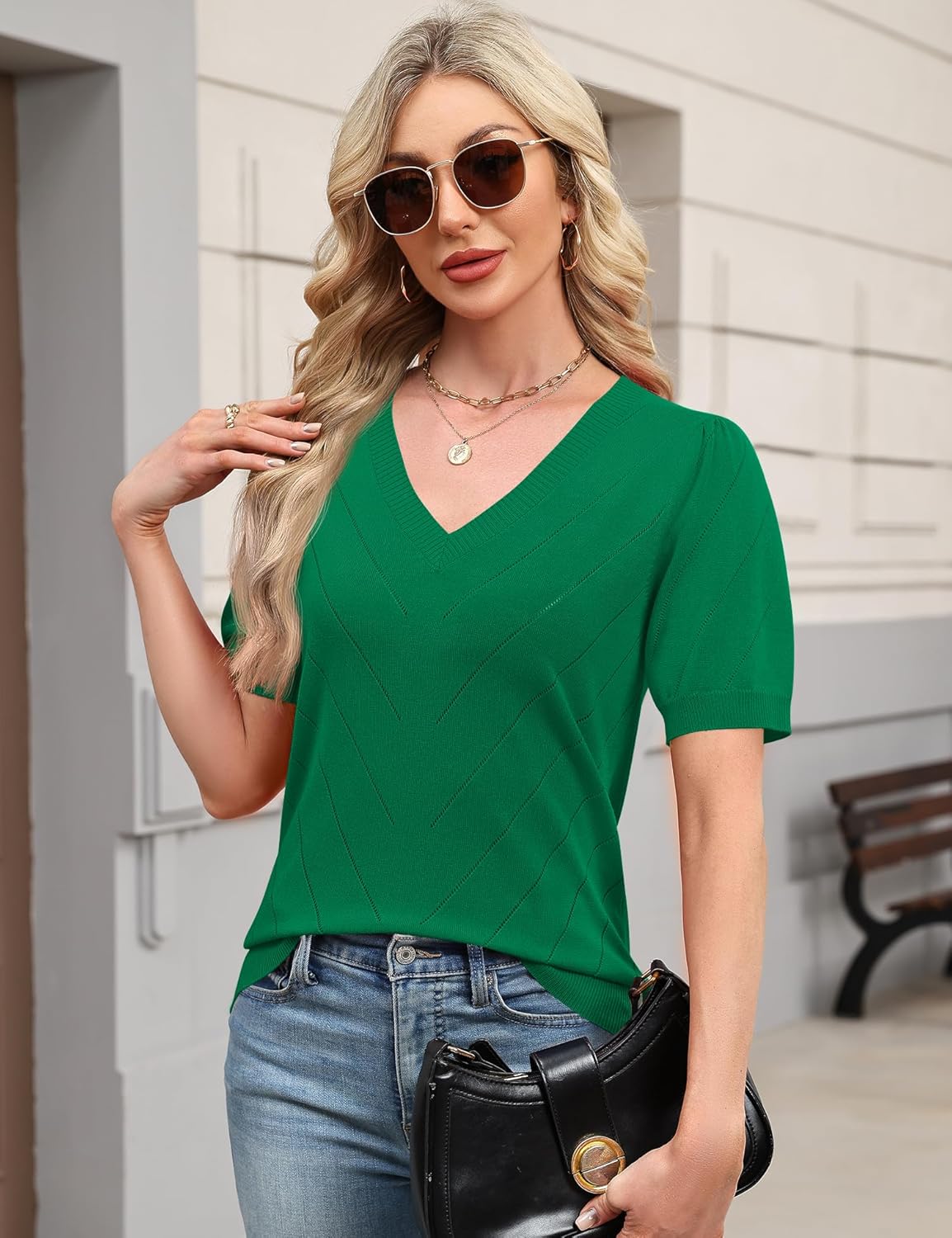 Detalle de LOMON Women's Puff Sleeve Lightweight V-Neck Knit Top — Versatile Summer to Fall Workwear