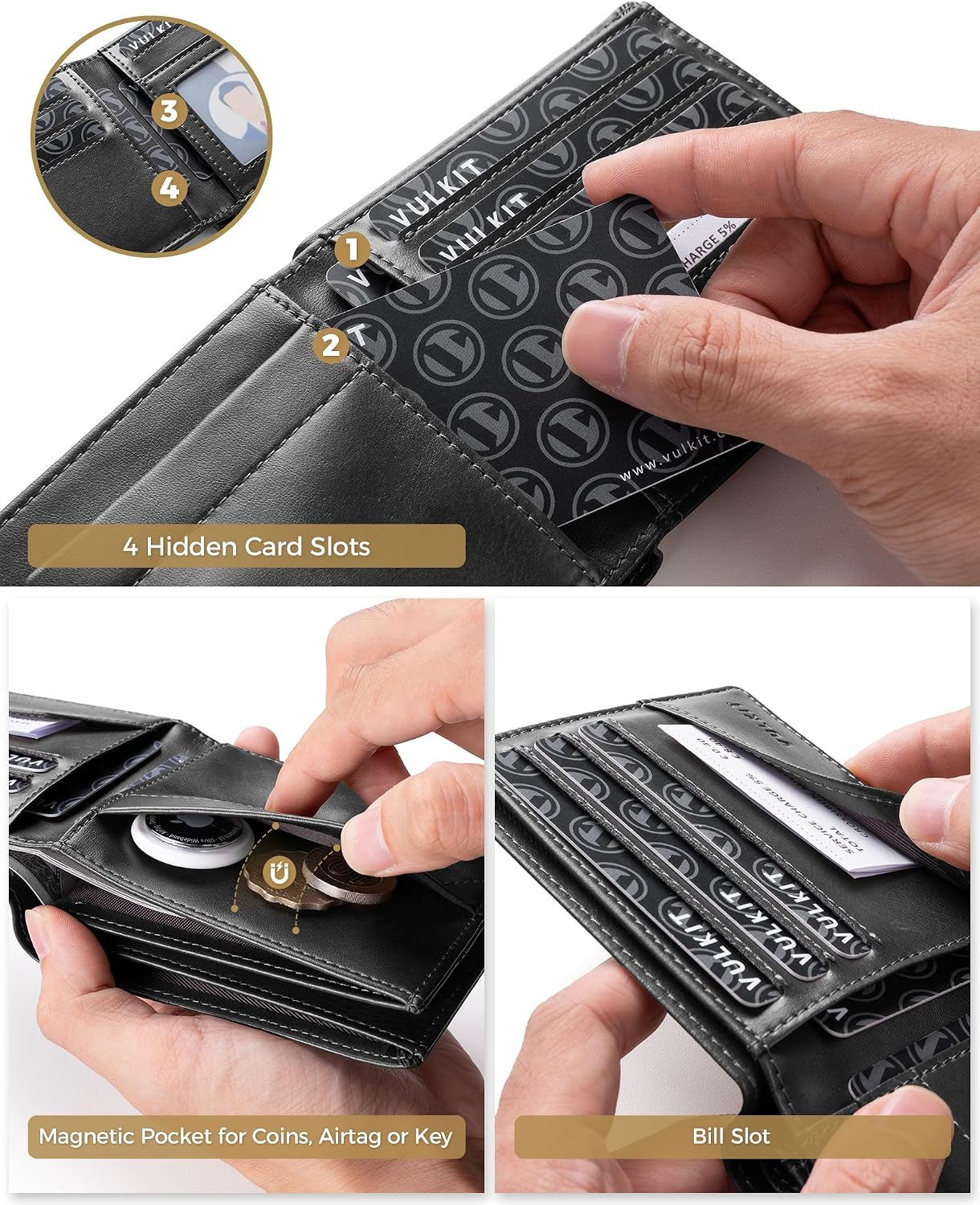Thumbnail 3 de VULKIT Bifold Leather Wallet RFID Blocking