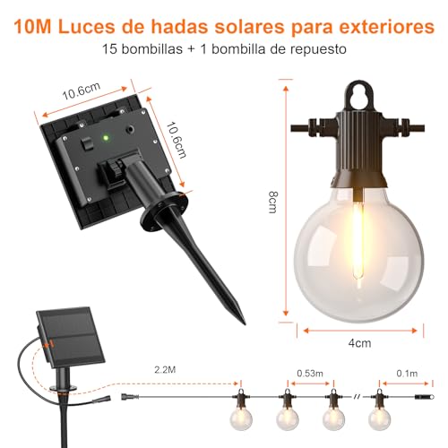 Thumbnail 5 de Kawaya Guirnaldas Luces Exterior Solar 10 m con USB recargable, 15+1 bombillas G40, IP65, blanco cálido