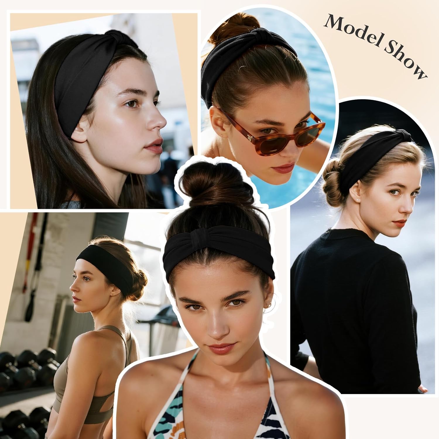 Detalle de HSEM Wide Elastic Knotted Headbands (6-Pack, Black) for Women