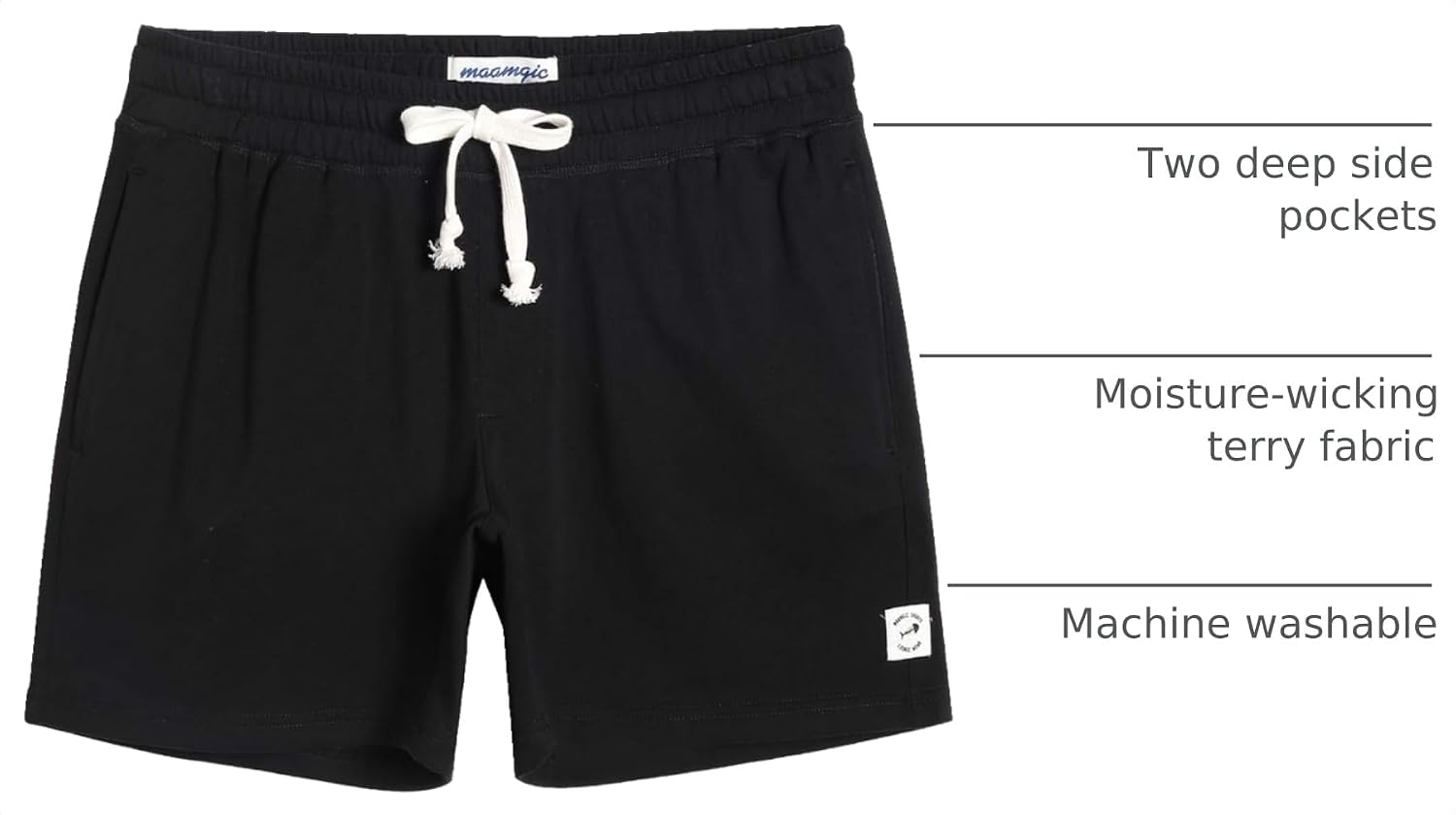 Detalle de MaaMgic Men’s Athletic Gym Shorts (5–7") — Elastic Waist, Deep Pockets & Moisture-Wicking Terry
