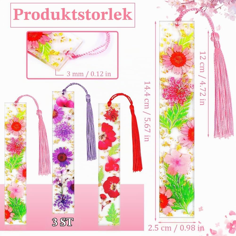 Thumbnail 1 de AUAUY 5571902 bokmärken i konstharts med blomtryck och tofsar, 3-pack