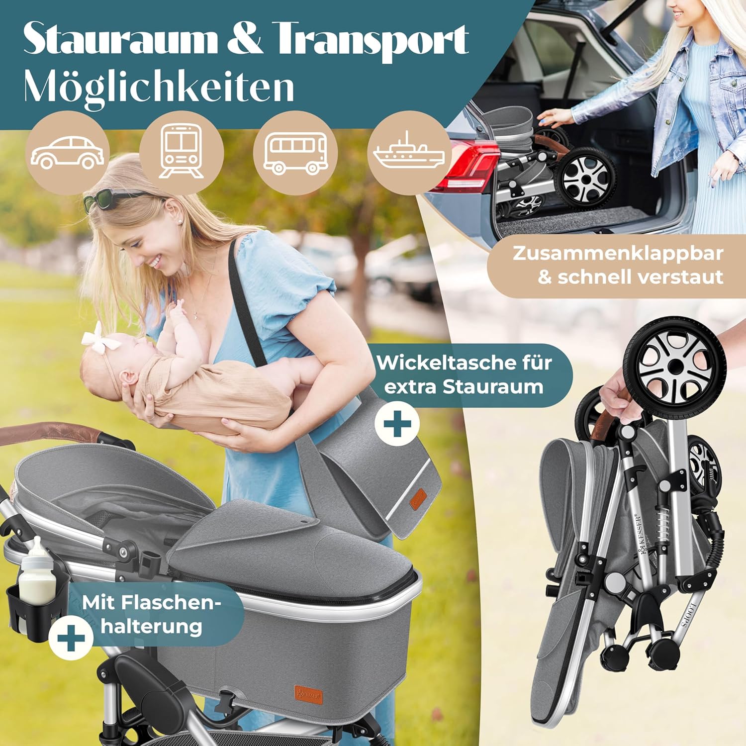 Thumbnail 6 de KESSER® Loops 4 in 1 – Komplett-Set: Kombikinderwagen mit Babywanne, Buggy Sportsitz, Auto-Babyschale, Regenhaube und Wickeltasche