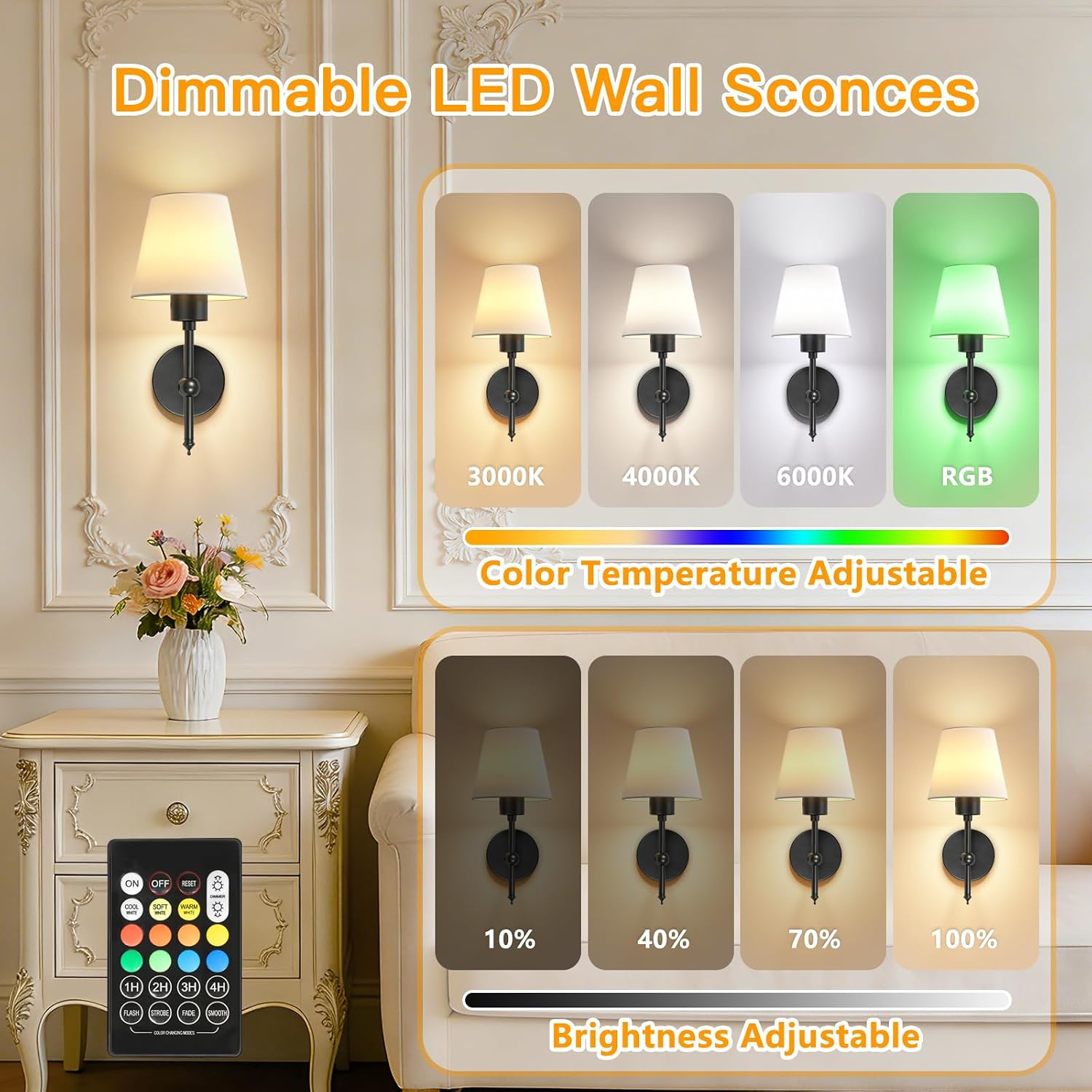 Thumbnail 3 de Dehobo Battery Operated Wall Lights Set of 2 with Remote, RGB & 3CCT — Black Fabric Shade