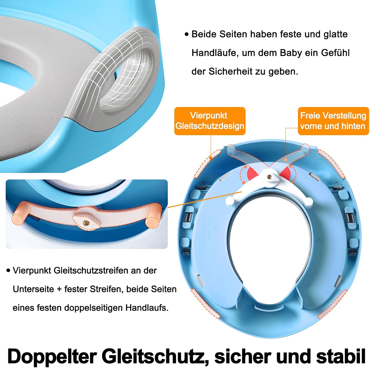 Detalle de UISEBRT Children's Toilet Trainer Seat with Cushion, Handles and Backrest, Blue and Grey