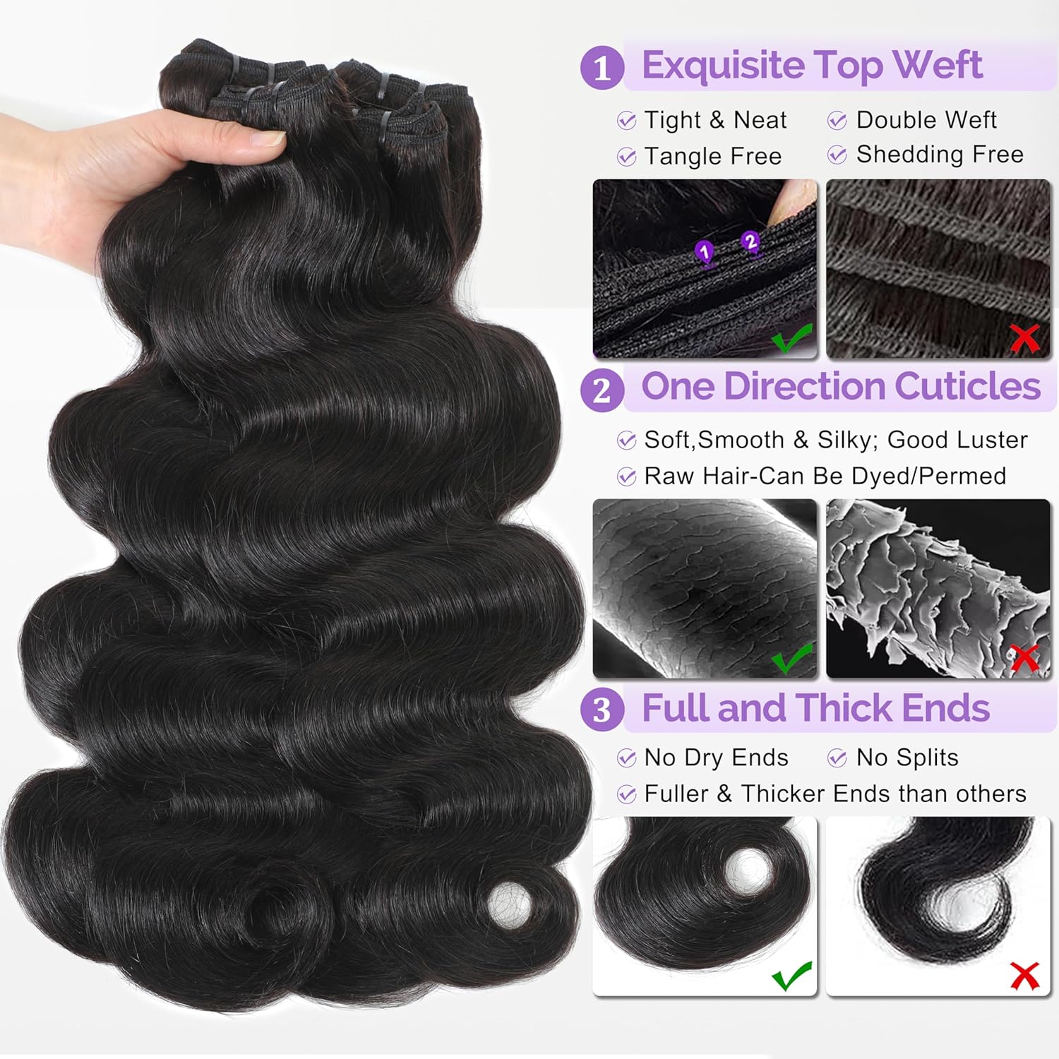 Thumbnail 3 de 16A Body Wave 3 Bundle Pack — Virgin Indian Hair Extensions (20, 22, 24 inches) with Direction Cuticles