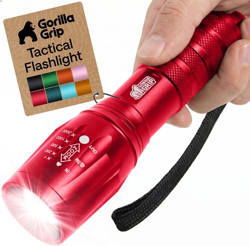 Detalle de GORILLA GRIP 840029670910 LED Tactical Flashlight, Red, 5 Modes, Zoomable