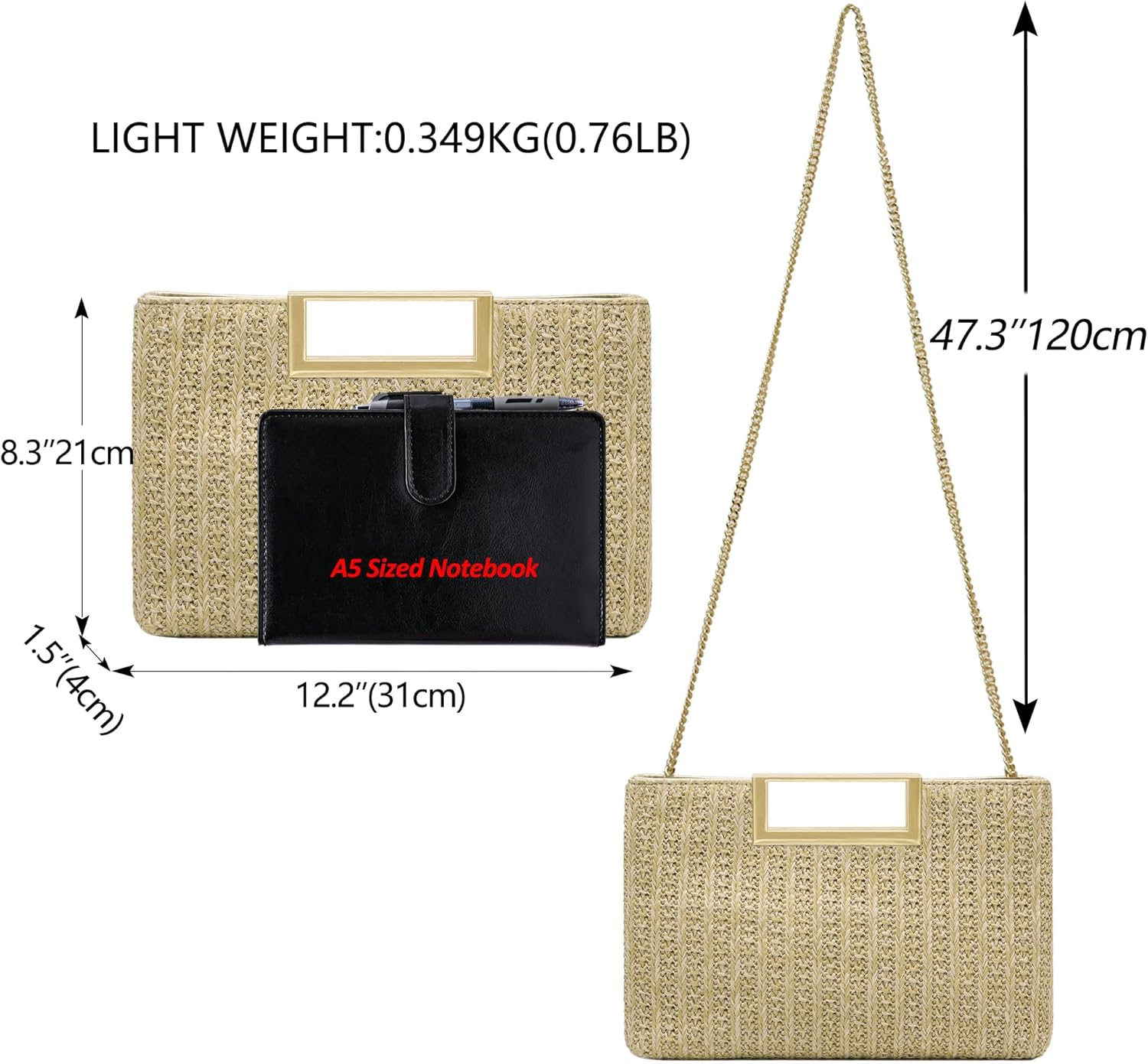Thumbnail 3 de Milisente women’s leather clutch bag with metallic handle (raffia straw) for weddings and evening events
