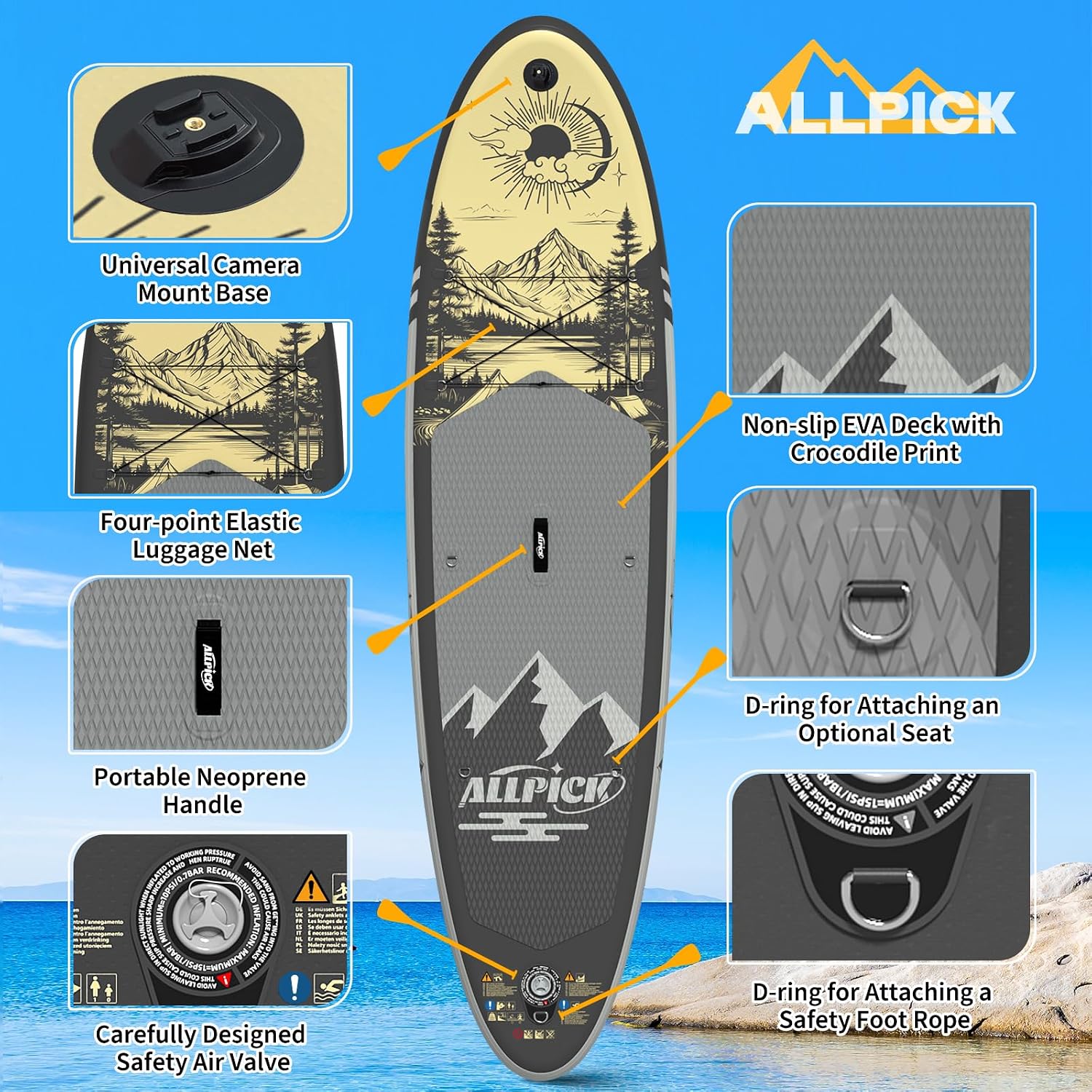 Detalle de ALLPICK Premium SUP Board Set – Aufblasbares Stand Up Paddleboard mit Kamerahalterung und umfangreichem Zubehör
