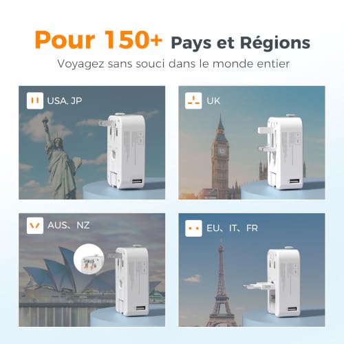 Detalle 2 de TESSAN Adaptateur Prise Universelle PD 45W – Charge rapide 2 USB-C et 4 fiches internationales