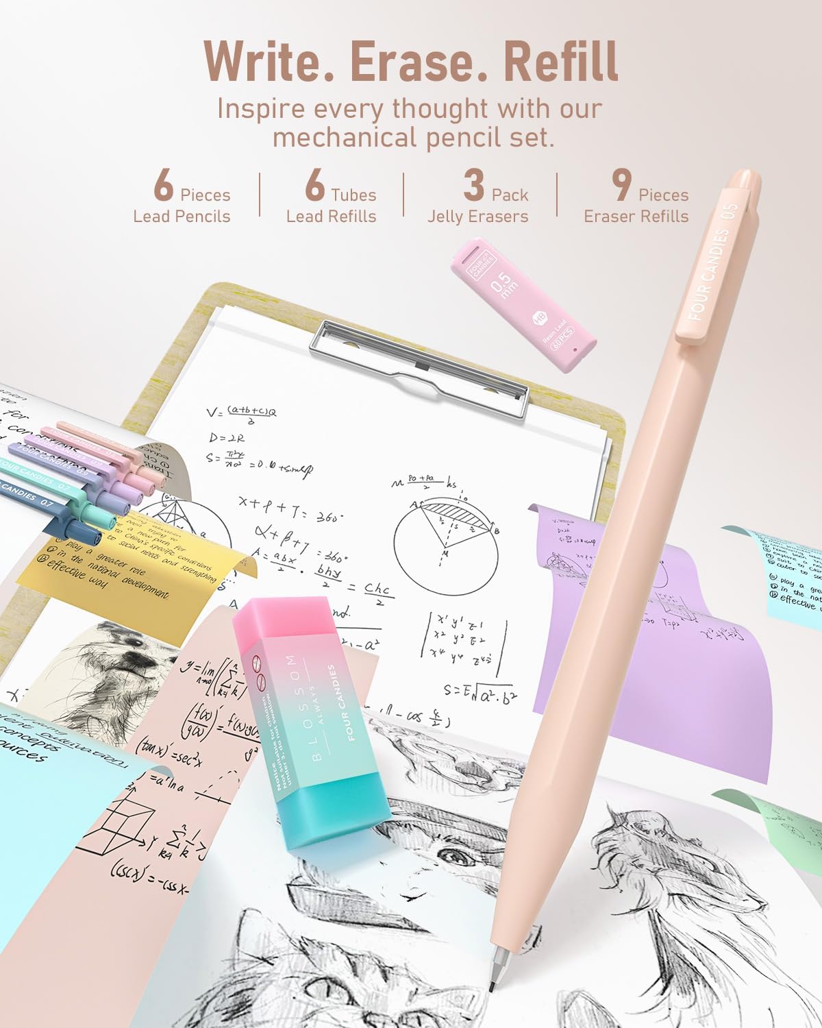 Detalle 2 de Four Candies 39-teiliges Schulset mit Mäppchen (Creme) – Pastell-Textmarker, Gelstifte und Druckbleistifte