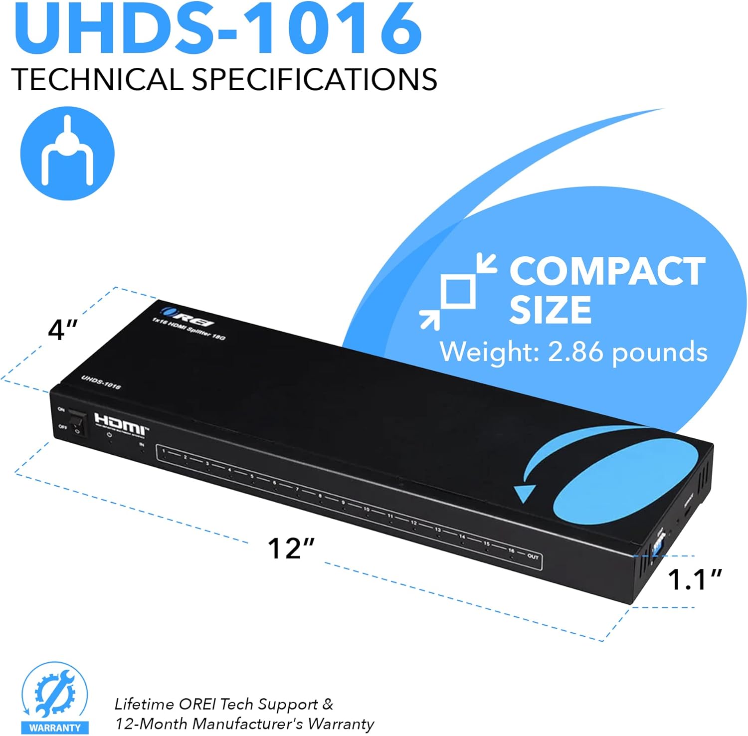 Thumbnail 4 de OREI UHDS-1016 1x16 4K HDMI Splitter (HDMI 2.0, HDCP 2.2) — 4:4:4, 4K @ 60Hz Duplication