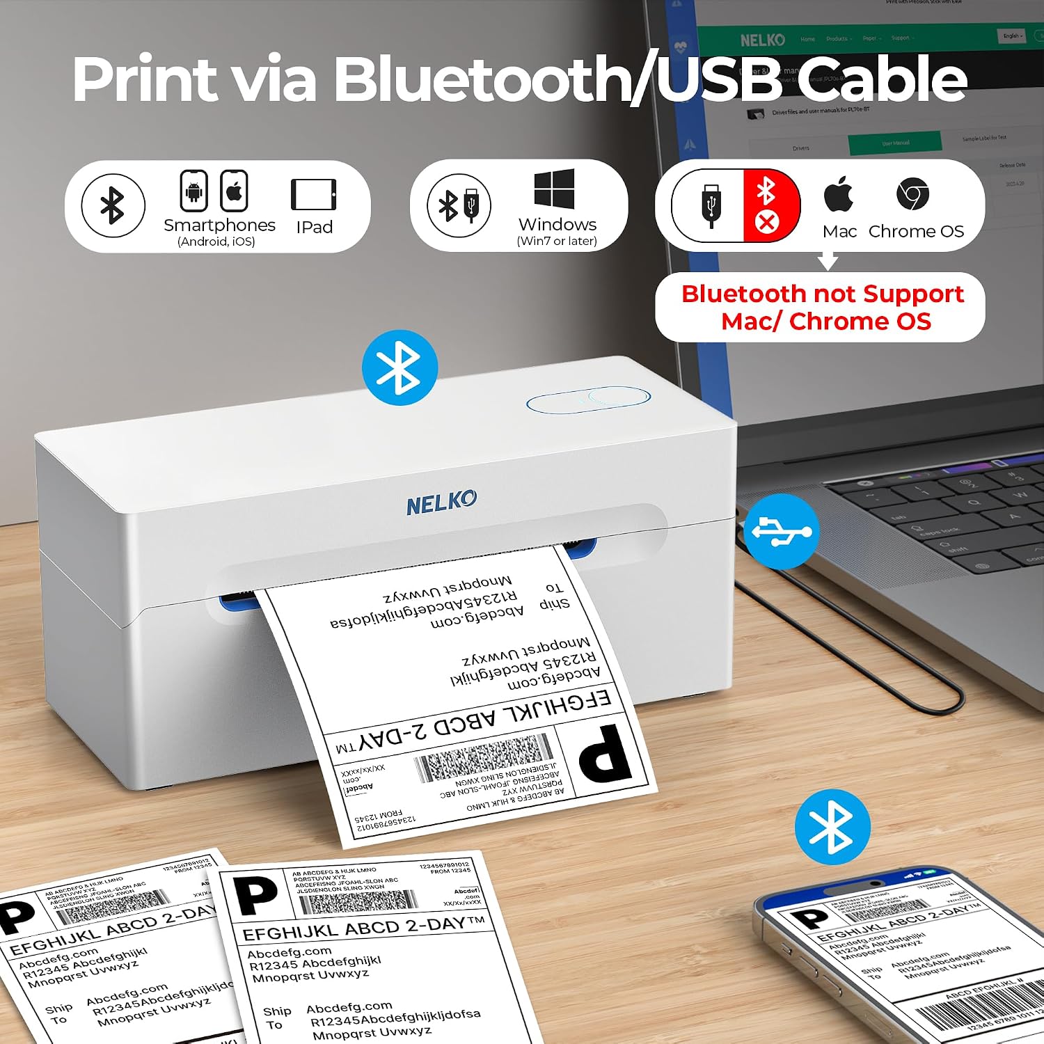 Detalle de Nelko PL70E-BT Thermal Shipping Label Printer, Bluetooth, 4 x 6, 203 DPI