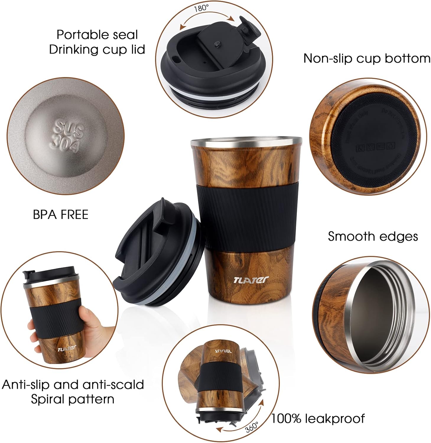 Thumbnail 1 de Tlater Kaffeebecher to Go – 380 ml Doppelwandiger Edelstahl-Thermobecher mit Deckel