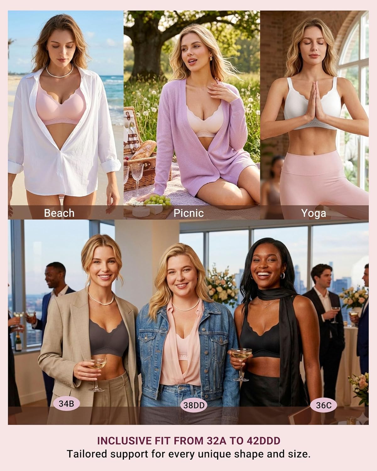 Thumbnail 5 de As Fairy Wireless Full Coverage Seamless Scalloped Push Up Bra (No Underwire) for Everyday Comfort
