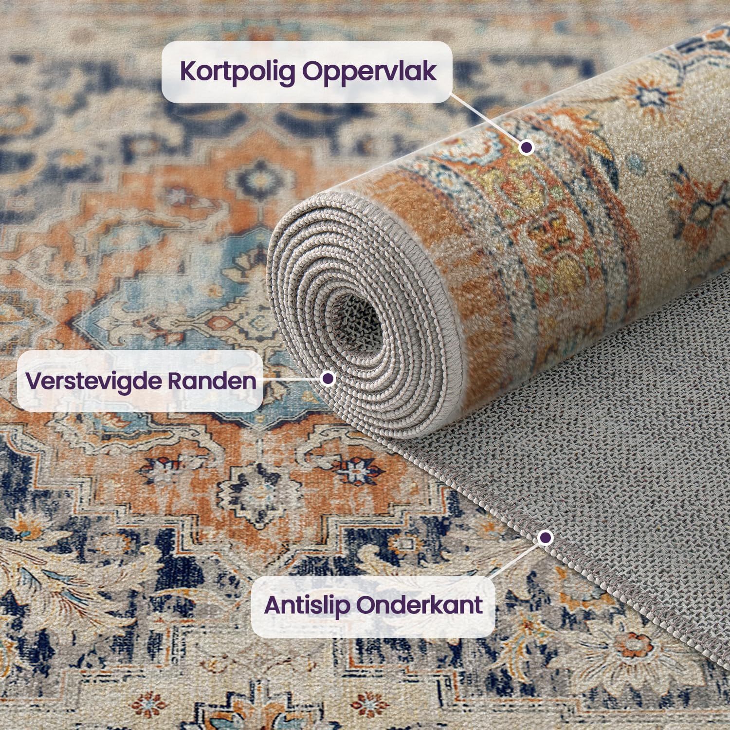 Detalle 2 de DEXI 60 x 150 cm tapijtloper, oranje vintage bloemen, antislip en wasbaar