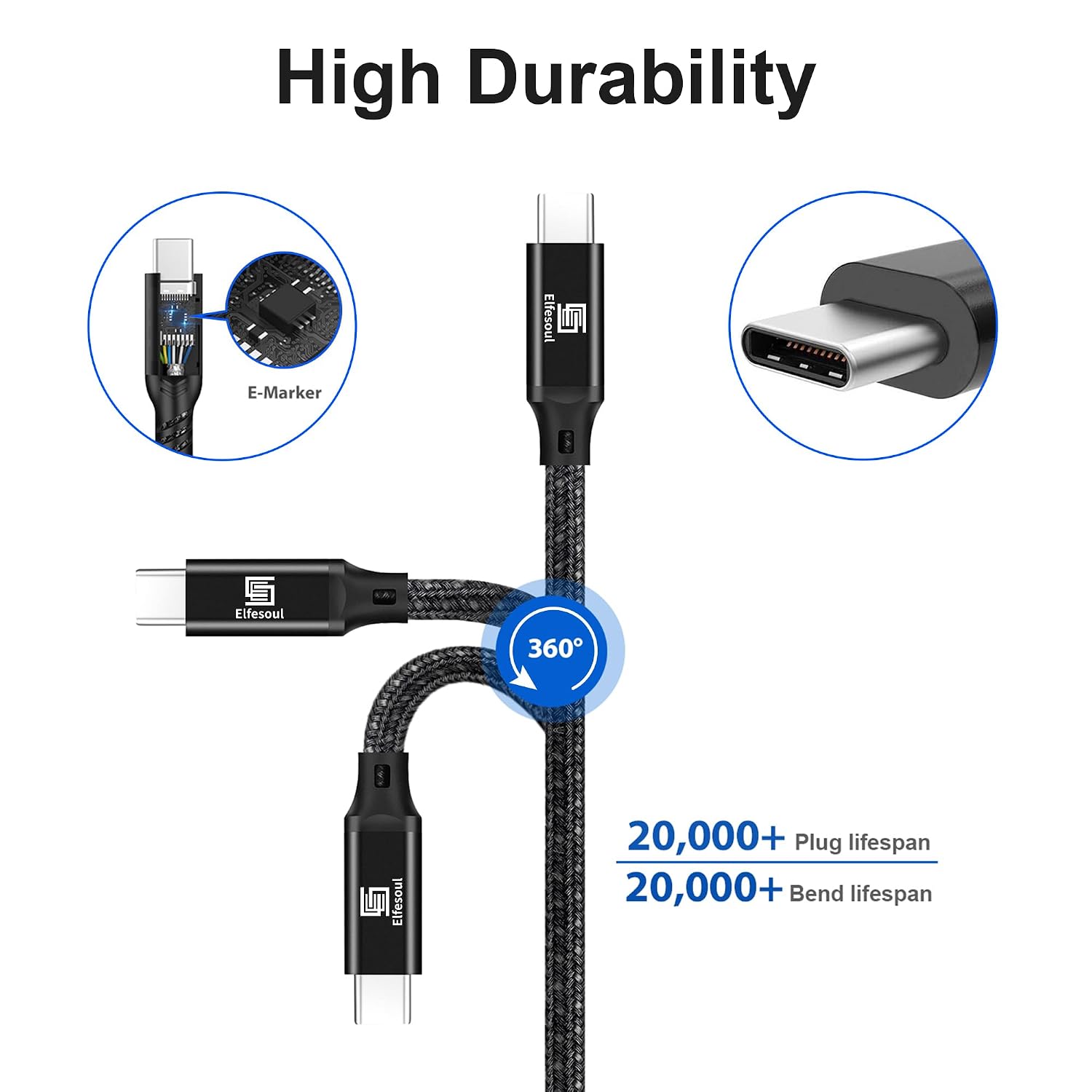 Detalle de Elfesoul USB-C to C Cable 3.2 Gen 2, 10ft, 240W PD, 4K 60Hz, 20Gbps