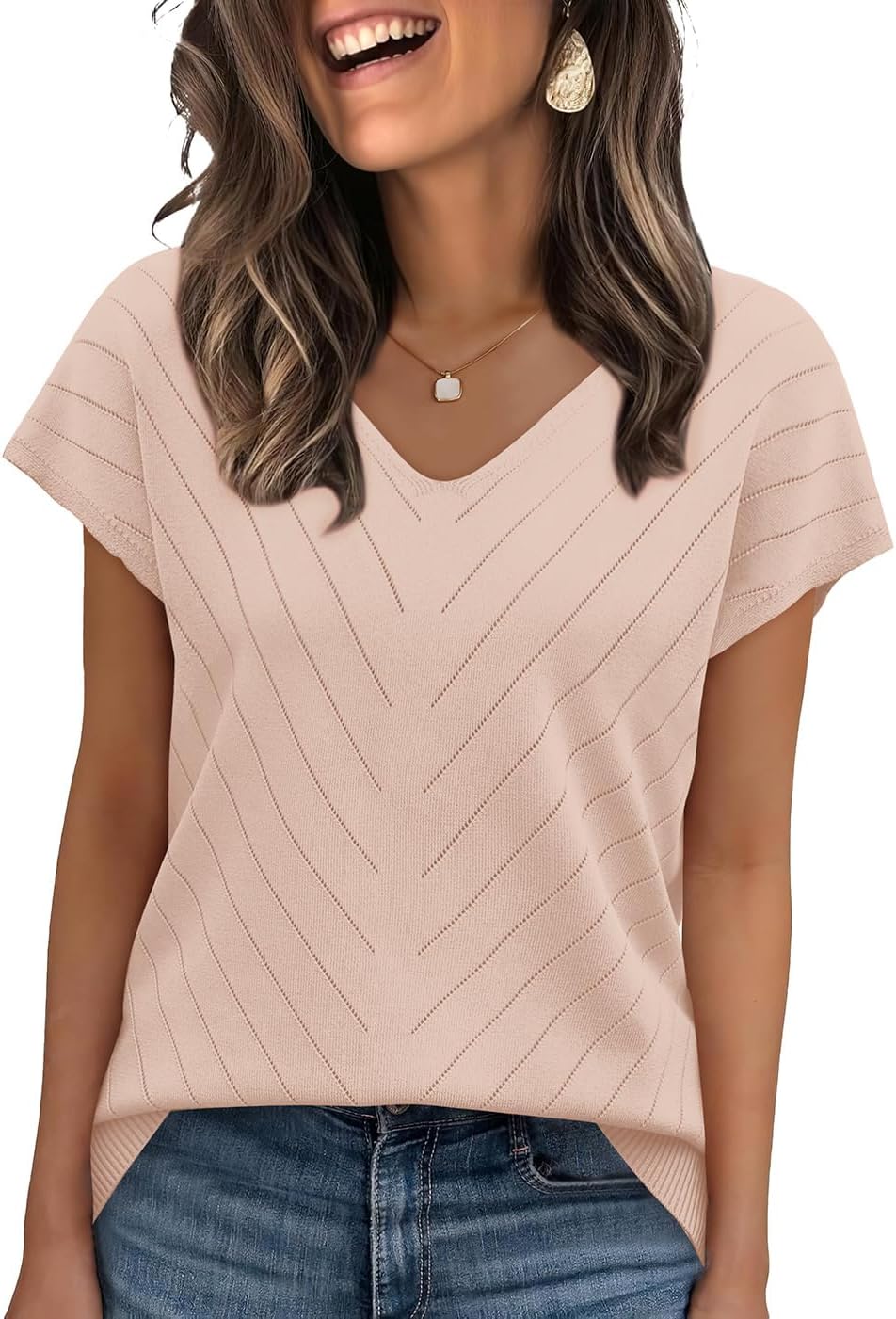 Detalle de WIHOLL Women’s Short Sleeve V-Neck Sweater Top