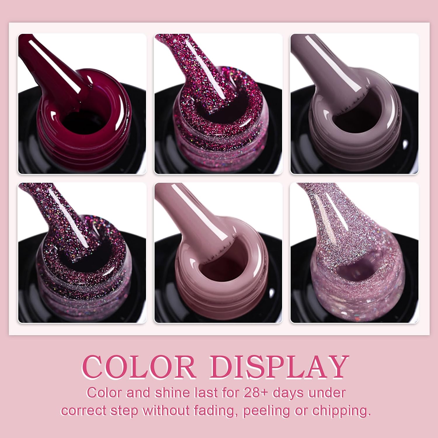 Detalle 2 de YSUVIN UV Nagellack Set – 6 Farben Burgund, Taupe, Rosa, Lila Glitzer (8 ml) für DIY Nail Art