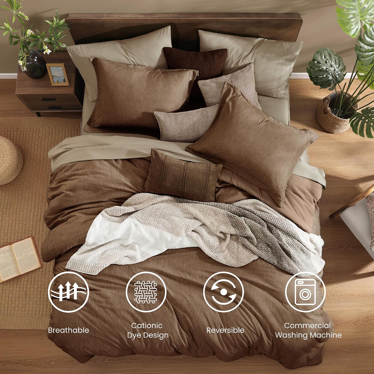 Detalle 2 de Monbix King Size Comforter Set, 7-Piece Brown Reversible Bedding