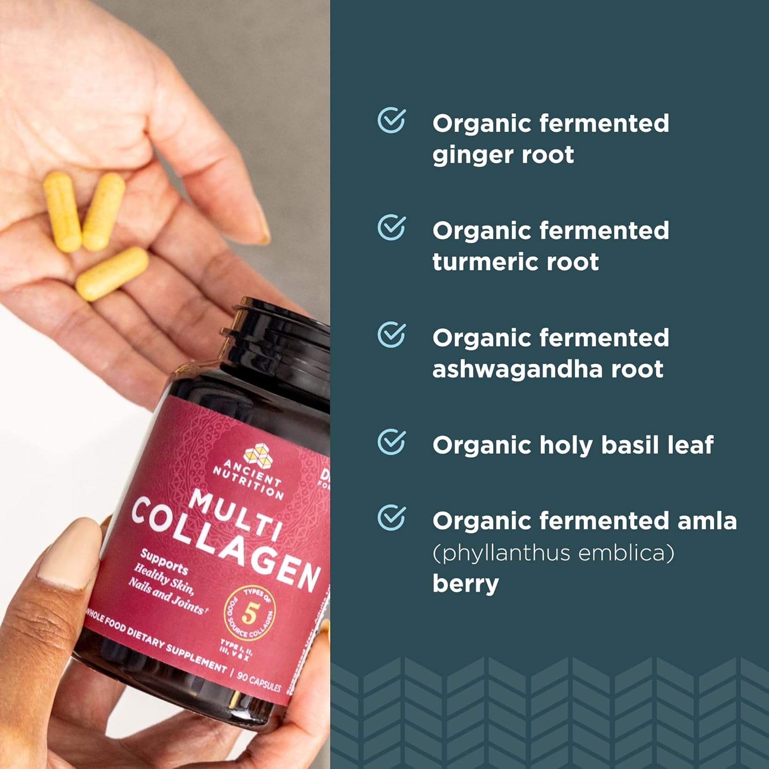 Detalle 2 de Ancient Nutrition Hydrolyzed Multi Collagen Peptides Capsules, 5 Types, 90 Count