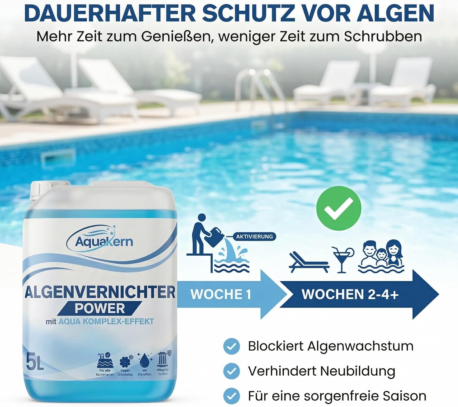 Detalle de Aquakern Algenvernichter Pool Power 5L mit Aqua KLAR KOMPLEX – für über 250.000 Liter