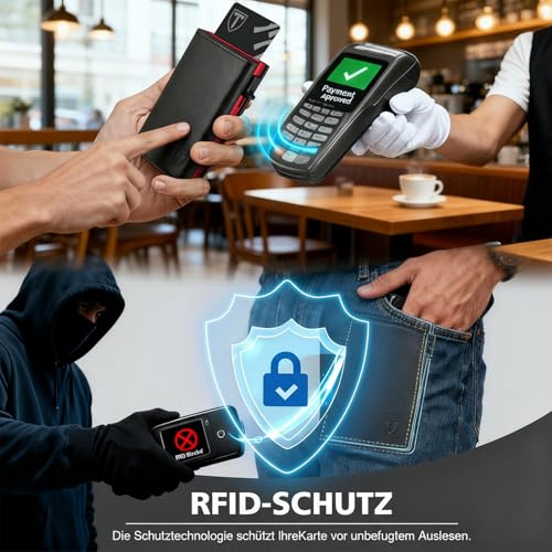 Detalle de TENBST Geldbörse Herren – Edle Slim Wallet mit RFID-Schutz, Rot-Schwarz, Münzfach und Pop-up Pay-Feature