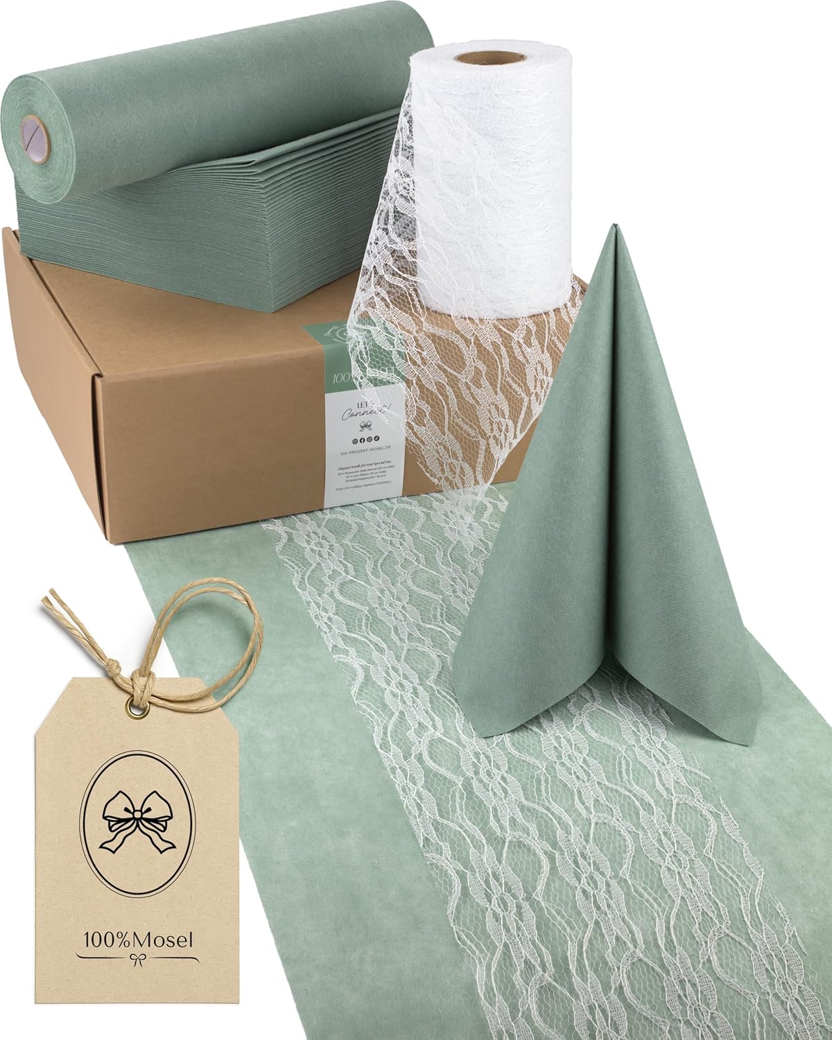 100%Mosel Tischdeko-Set Eukalyptus Grün & Weiß für 25–50 Gäste – Vlies-Tischläufer, Airlaid-Servietten & Spitzenband